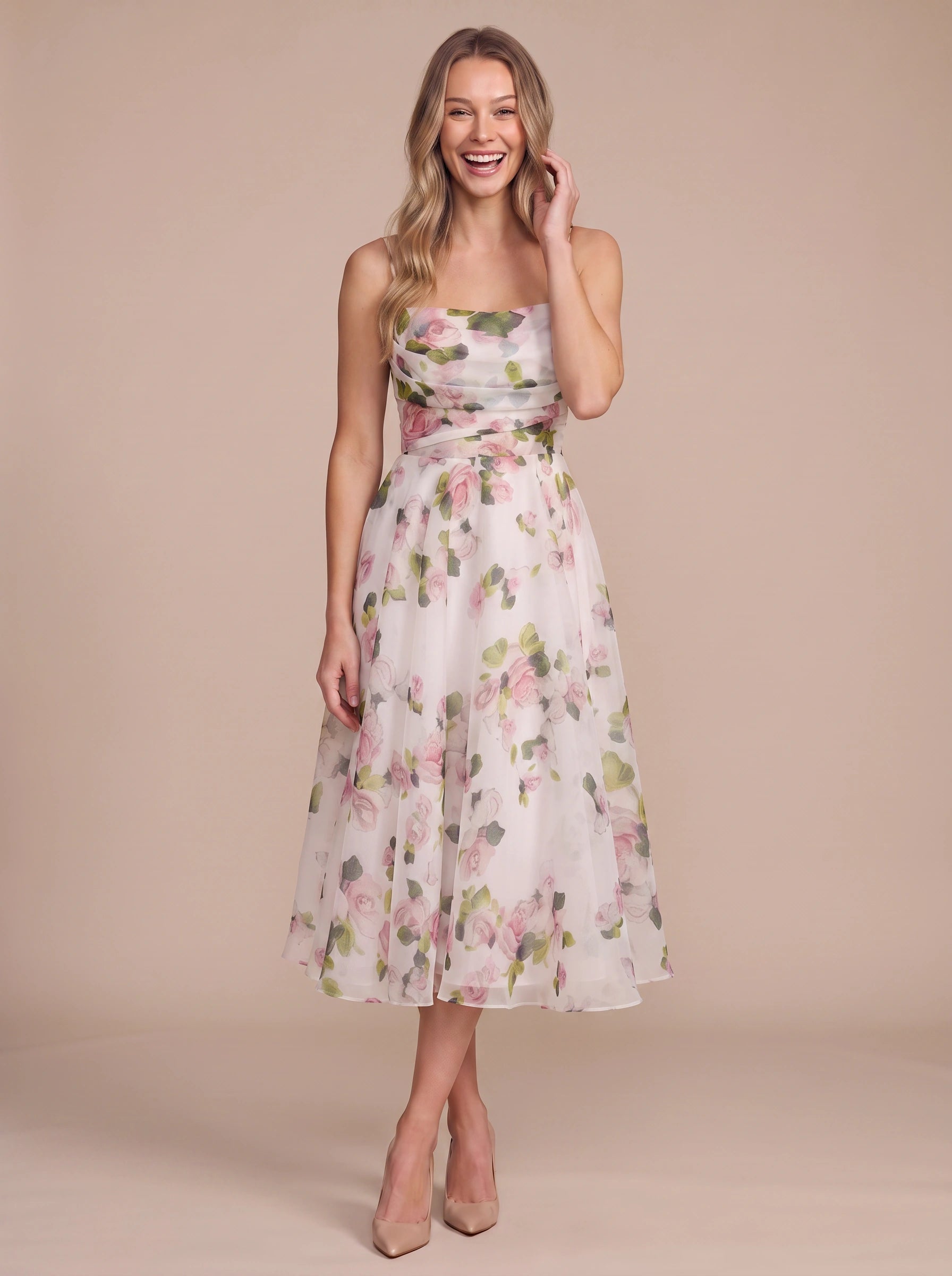 Rosalind Floral Sweetheart Midi Dress – Women Summer Wedding Guest Garden Party Cocktail Midi Dress