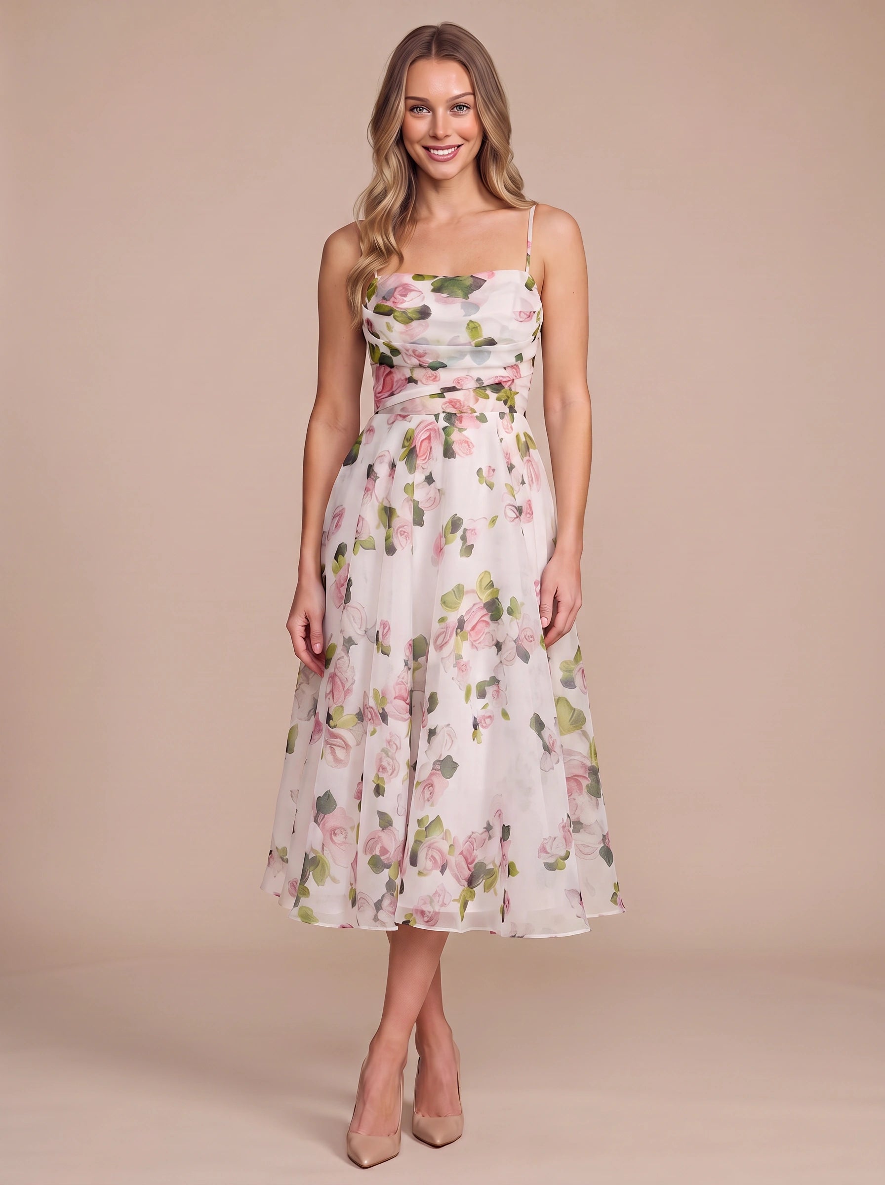 Rosalind Floral Sweetheart Midi Dress – Women Summer Wedding Guest Garden Party Cocktail Midi Dress