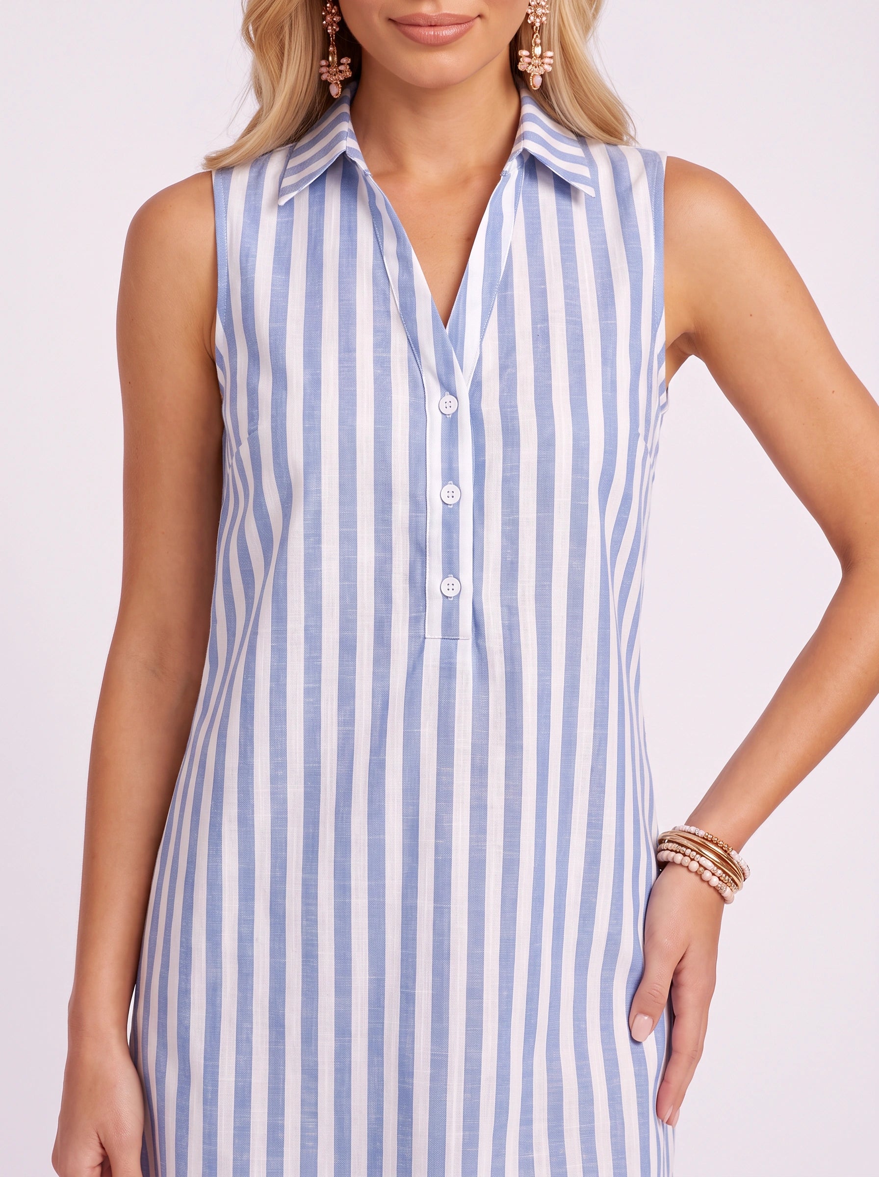 Rigatta Sleeveless Shirt Mini Dress – Striped Shirt Dress Women Summer Casual Beach Resort Mini Dress