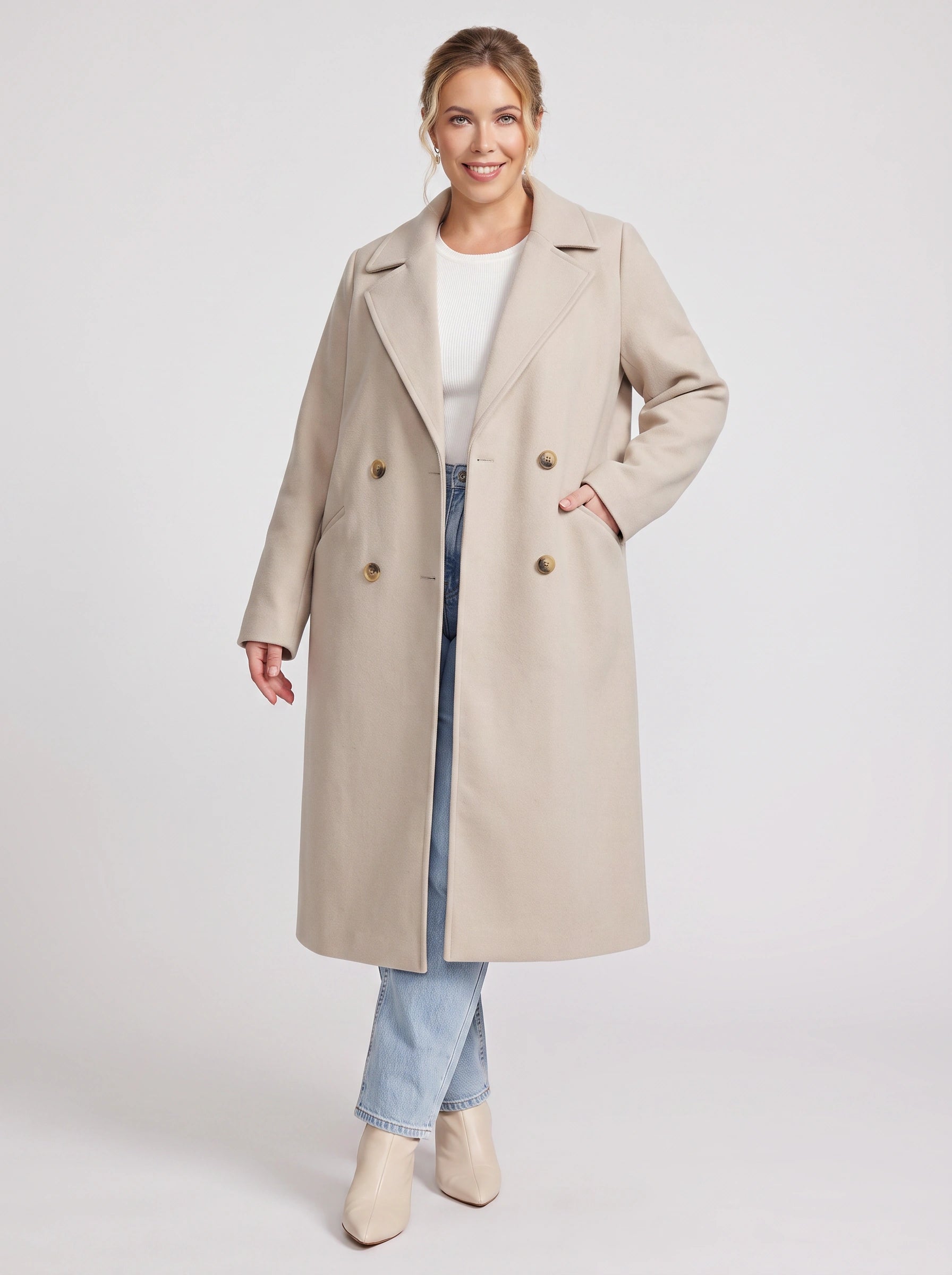 Eluned Double-Breasted Longline Coat – Trench Coat Women Wool Overcoat Ladies Classic Tailored Office Coat