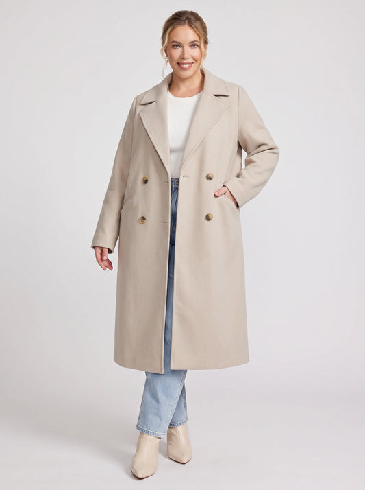 Eluned Double-Breasted Longline Coat – Trench Coat Women Wool Overcoat Ladies Classic Tailored Office Coat