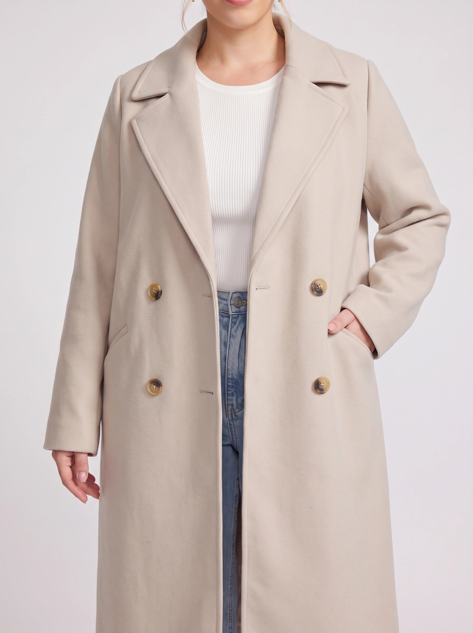 Eluned Double-Breasted Longline Coat – Trench Coat Women Wool Overcoat Ladies Classic Tailored Office Coat
