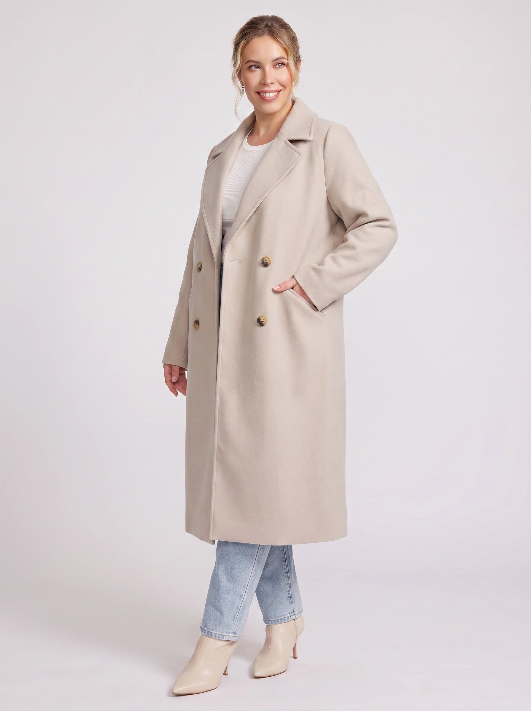 Eluned Double-Breasted Longline Coat – Trench Coat Women Wool Overcoat Ladies Classic Tailored Office Coat