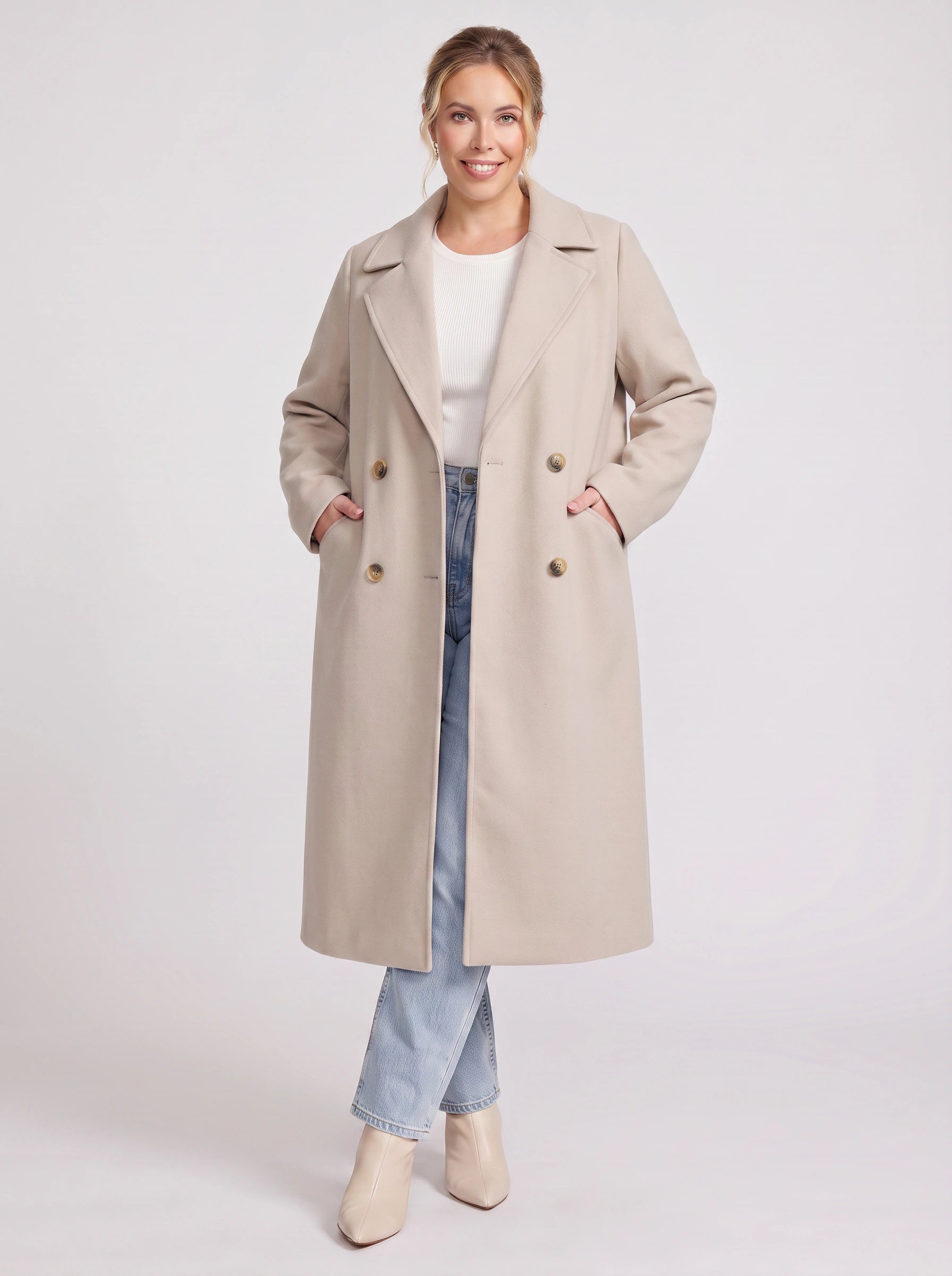 Eluned Double-Breasted Longline Coat – Trench Coat Women Wool Overcoat Ladies Classic Tailored Office Coat