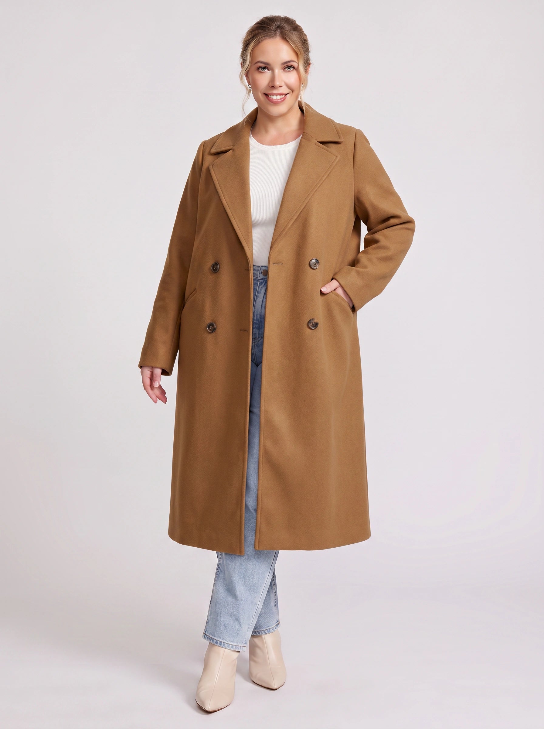Eluned Double-Breasted Longline Coat – Trench Coat Women Wool Overcoat Ladies Classic Tailored Office Coat