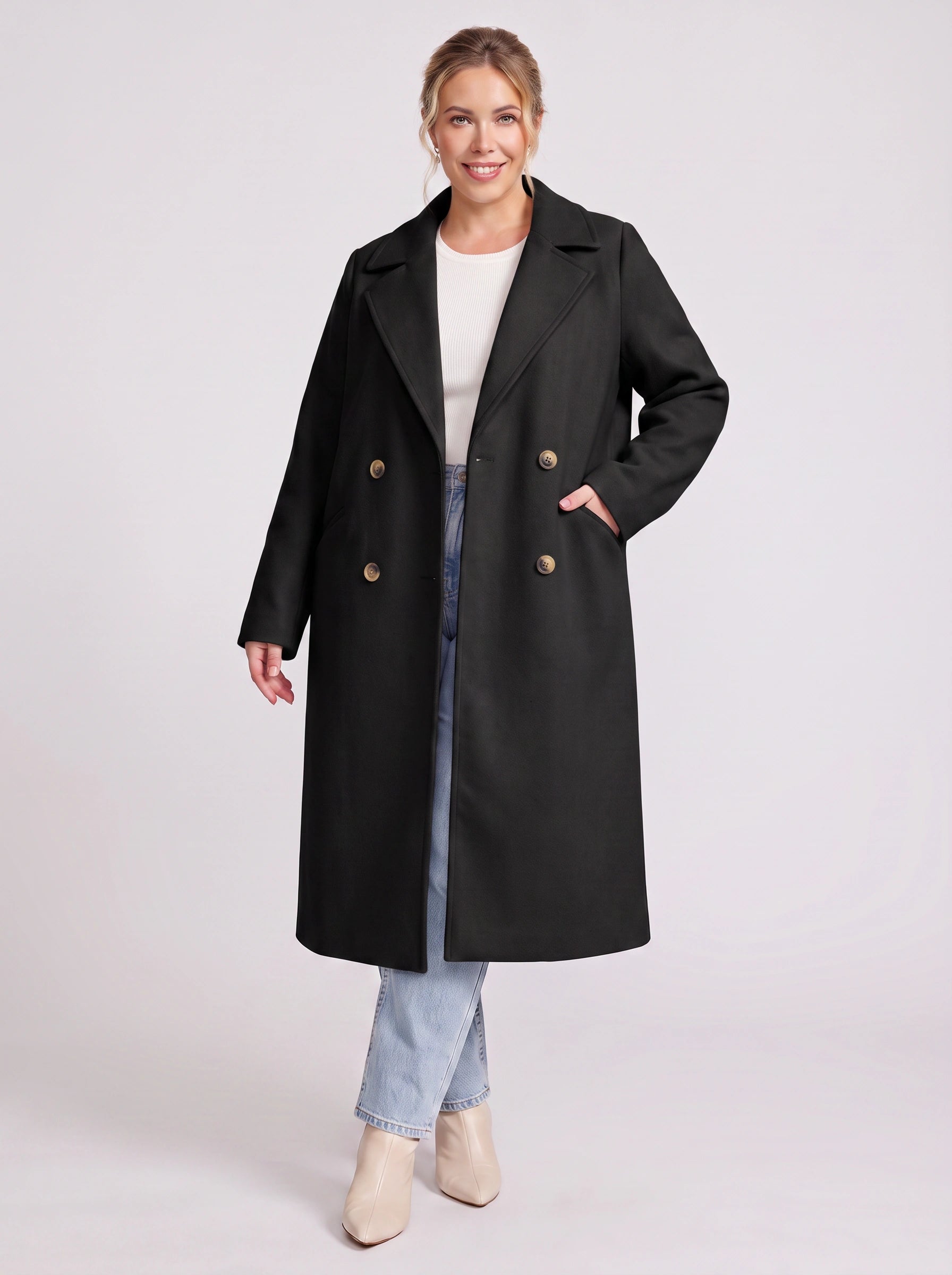 Eluned Double-Breasted Longline Coat – Trench Coat Women Wool Overcoat Ladies Classic Tailored Office Coat