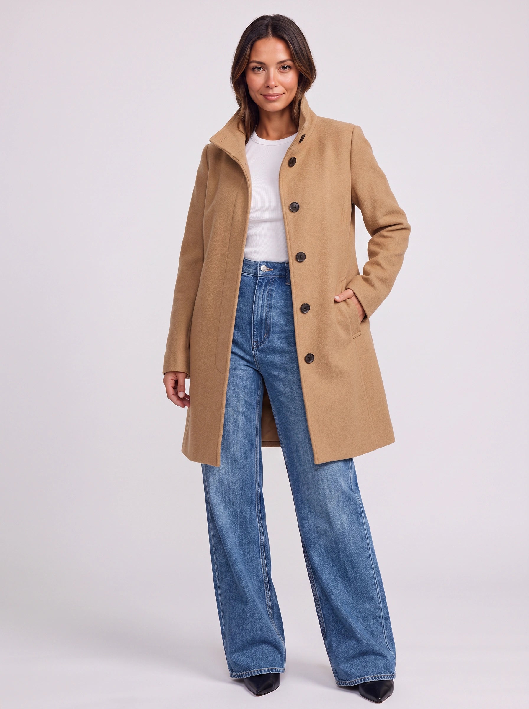 Camelgrace Stand-Collar Button-Front Longline Coat – Women Tailored Elegant Office Classic Camel Trench Coat