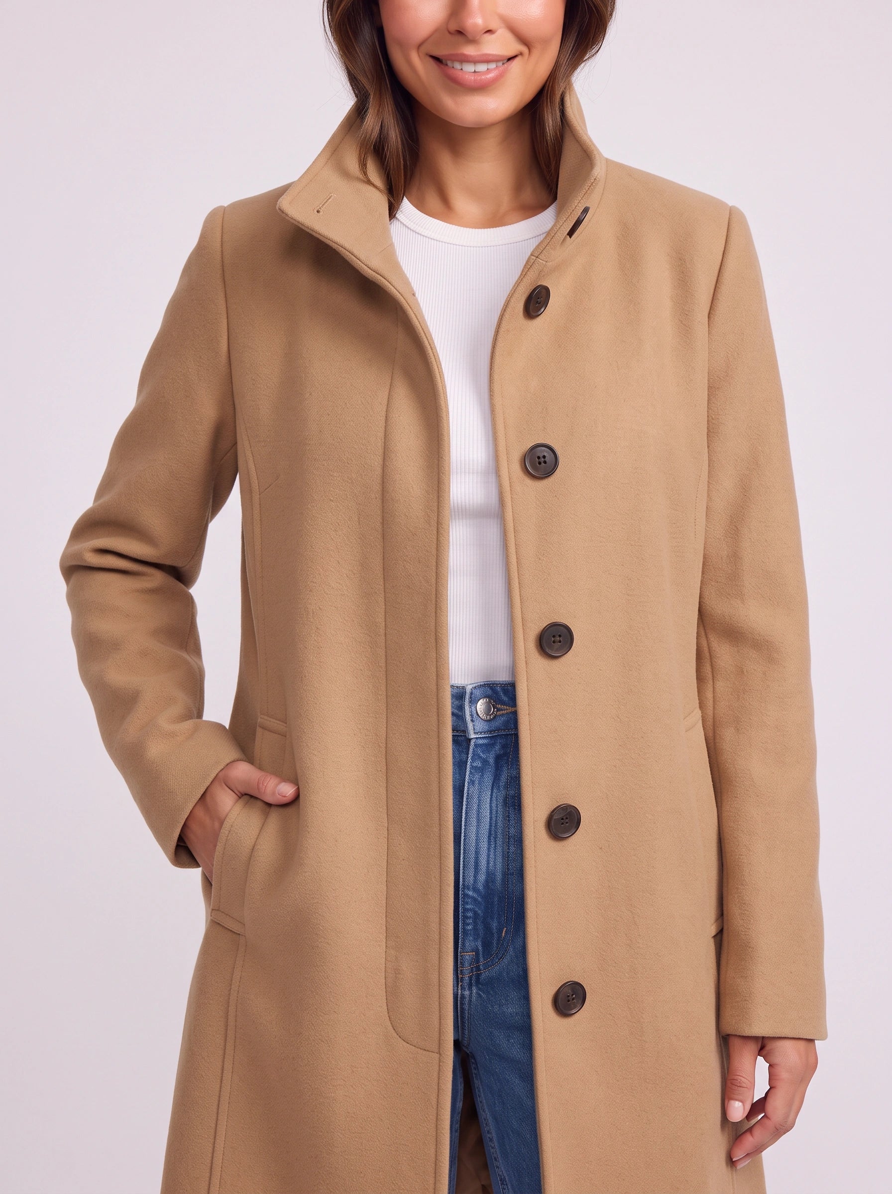Camelgrace Stand-Collar Button-Front Longline Coat – Women Tailored Elegant Office Classic Camel Trench Coat