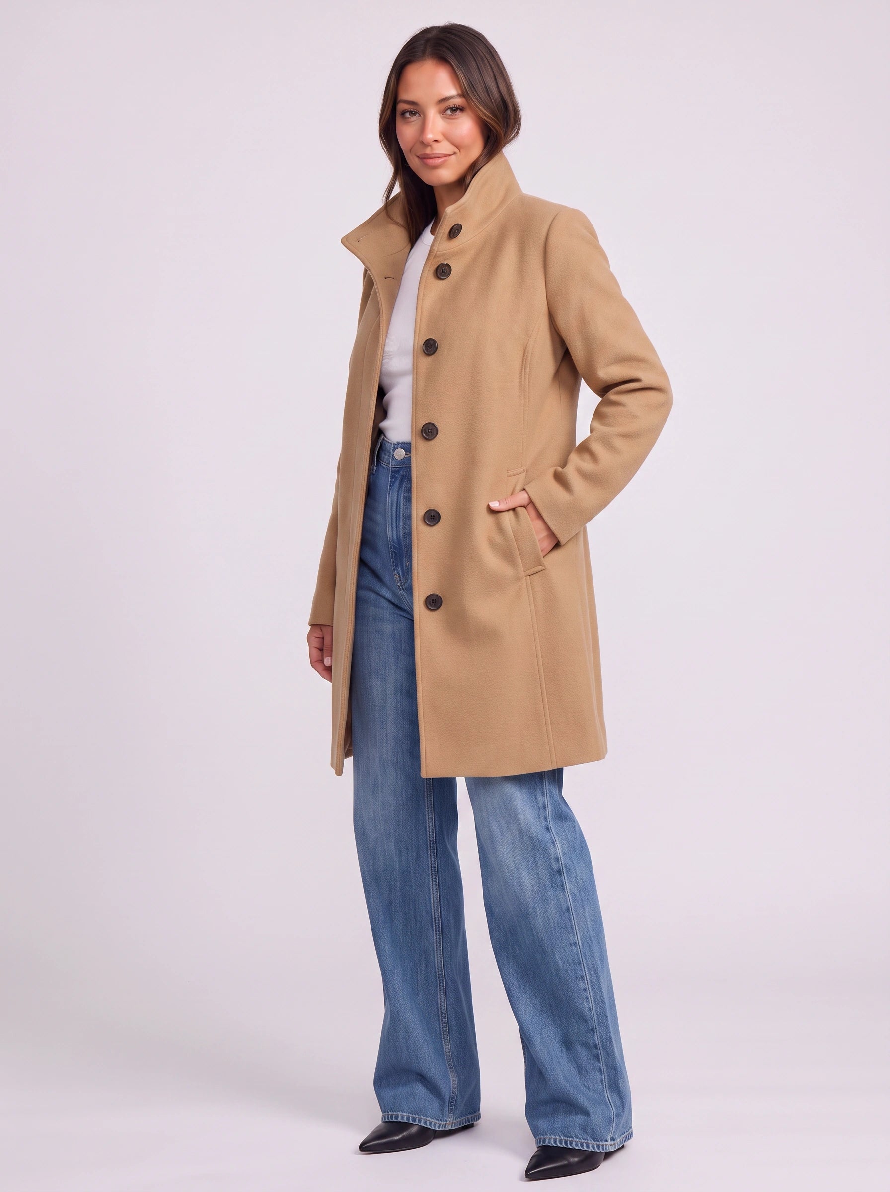 Camelgrace Stand-Collar Button-Front Longline Coat – Women Tailored Elegant Office Classic Camel Trench Coat
