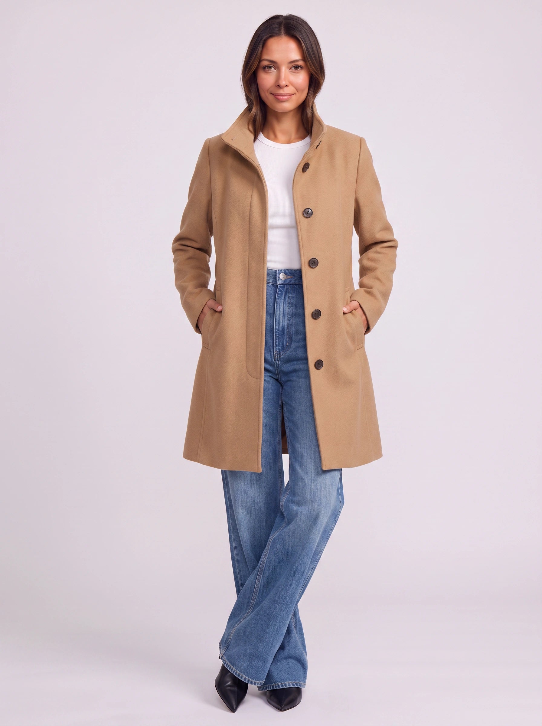 Camelgrace Stand-Collar Button-Front Longline Coat – Women Tailored Elegant Office Classic Camel Trench Coat