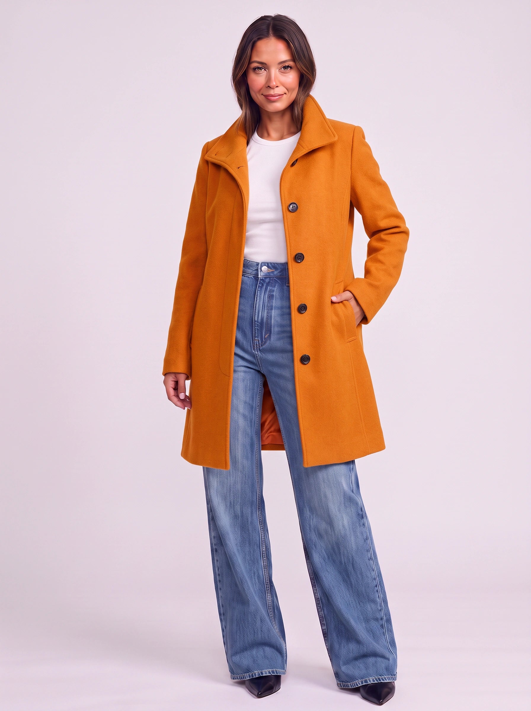 Camelgrace Stand-Collar Button-Front Longline Coat – Women Tailored Elegant Office Classic Camel Trench Coat