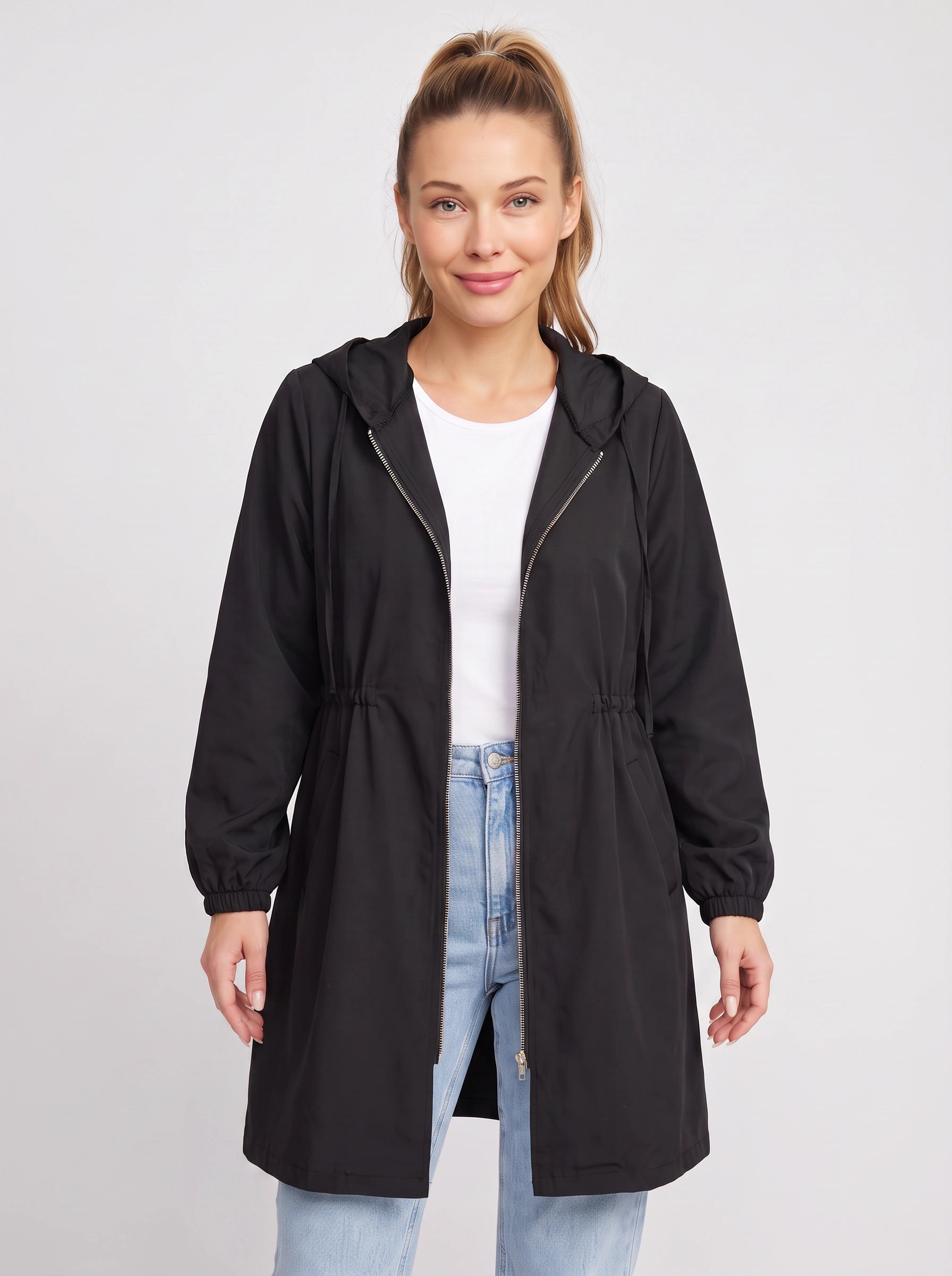 Drawcord Hooded Longline Raincoat – Women Lightweight Rain Jacket Hood Windbreaker Summer Coat