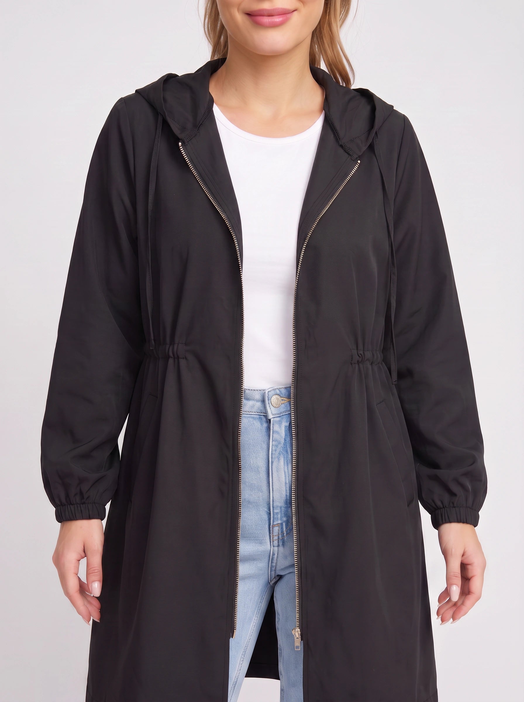 Drawcord Hooded Longline Raincoat – Women Lightweight Rain Jacket Hood Windbreaker Summer Coat