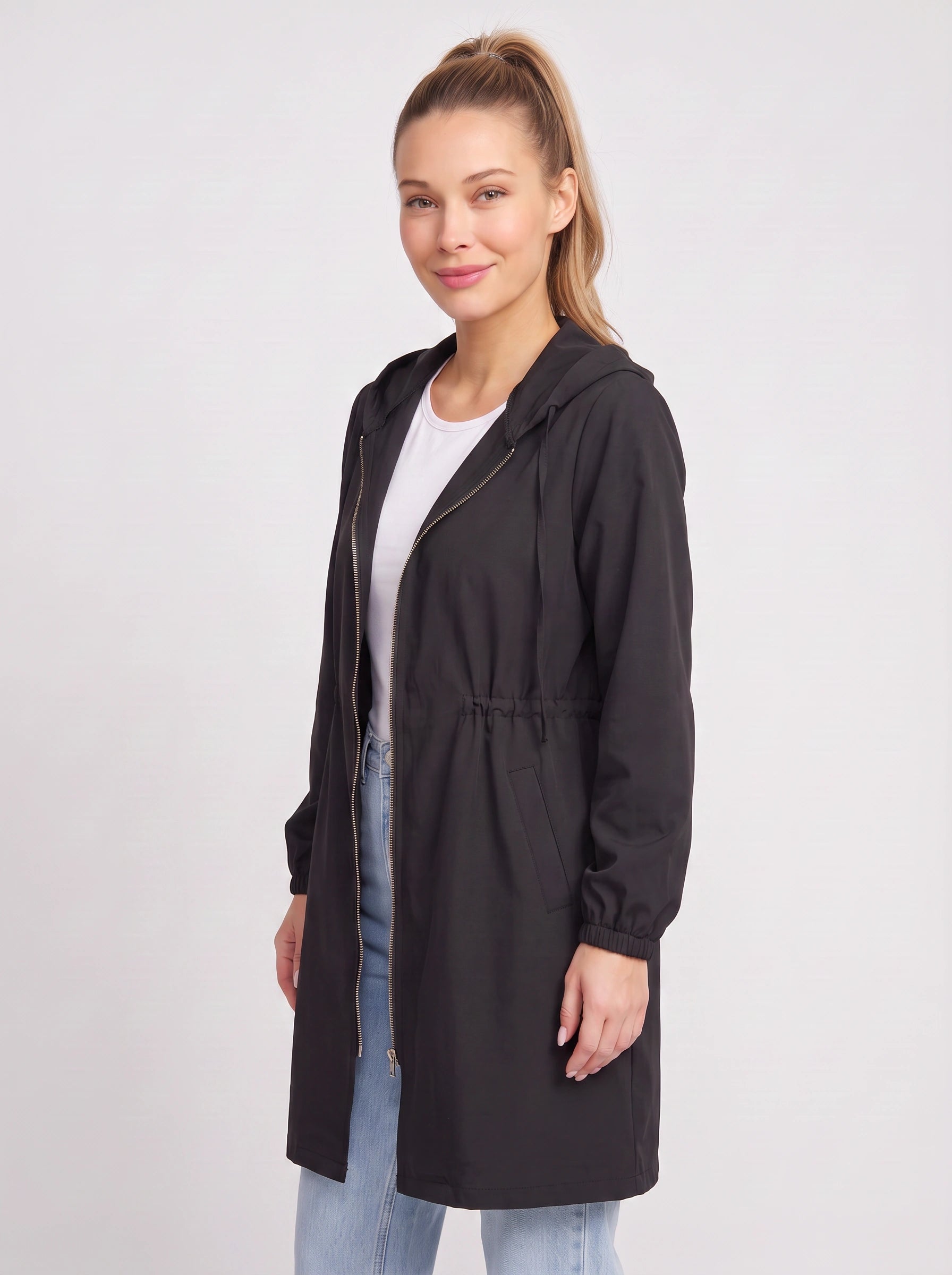 Drawcord Hooded Longline Raincoat – Women Lightweight Rain Jacket Hood Windbreaker Summer Coat
