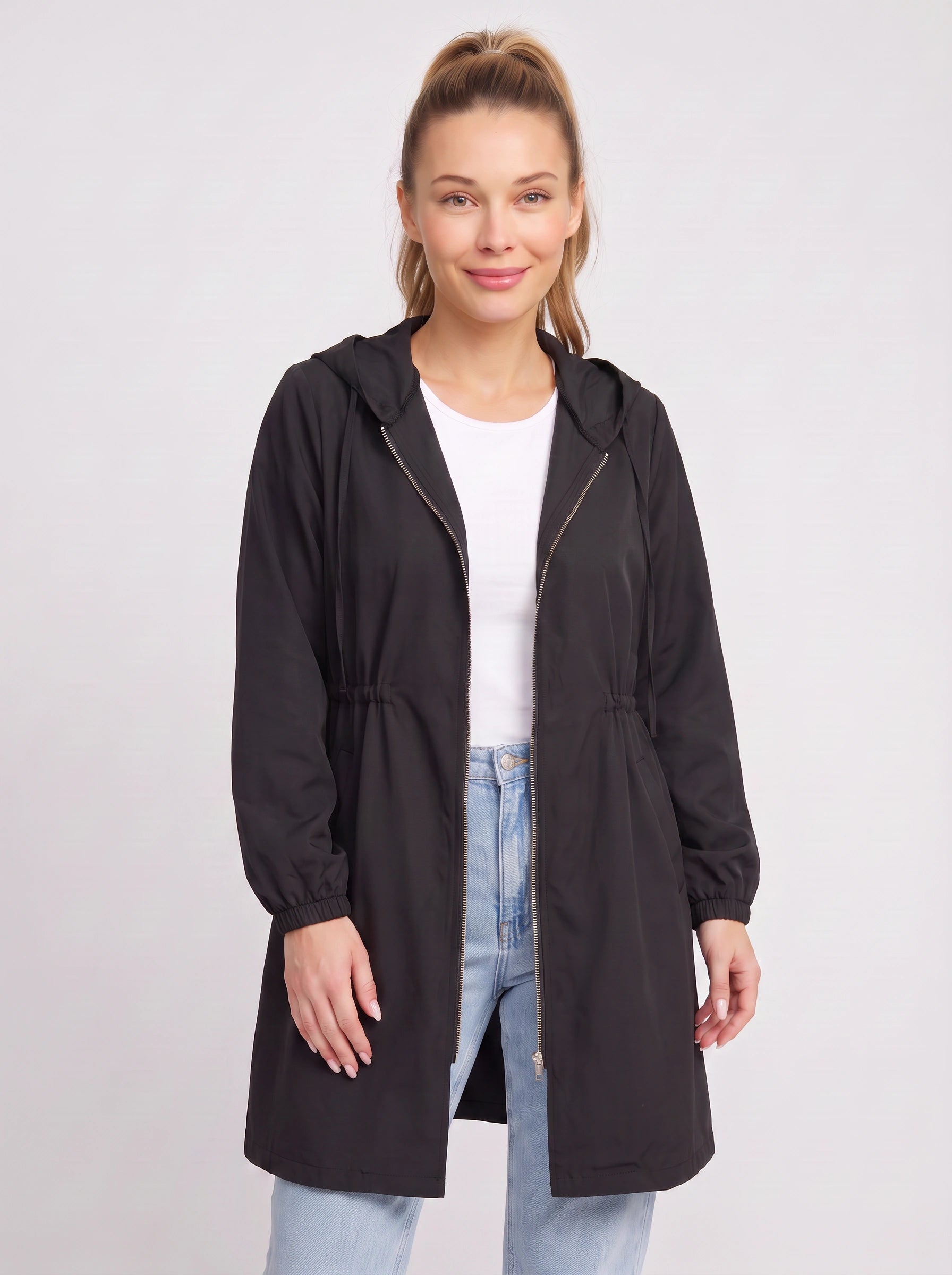 Drawcord Hooded Longline Raincoat – Women Lightweight Rain Jacket Hood Windbreaker Summer Coat