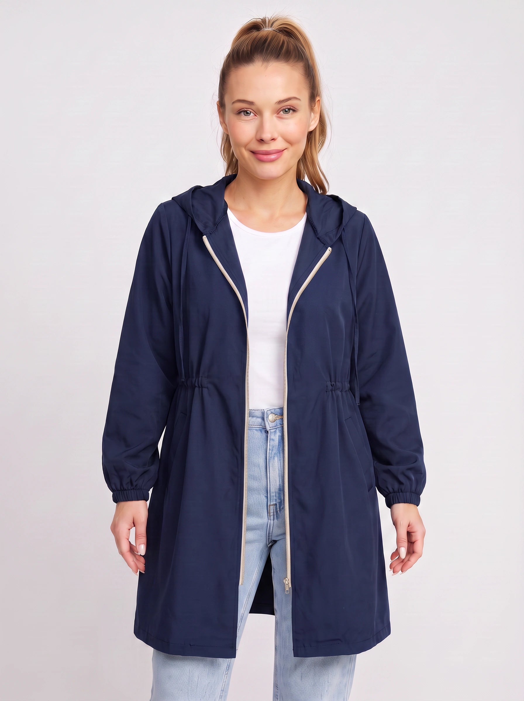 Drawcord Hooded Longline Raincoat – Women Lightweight Rain Jacket Hood Windbreaker Summer Coat