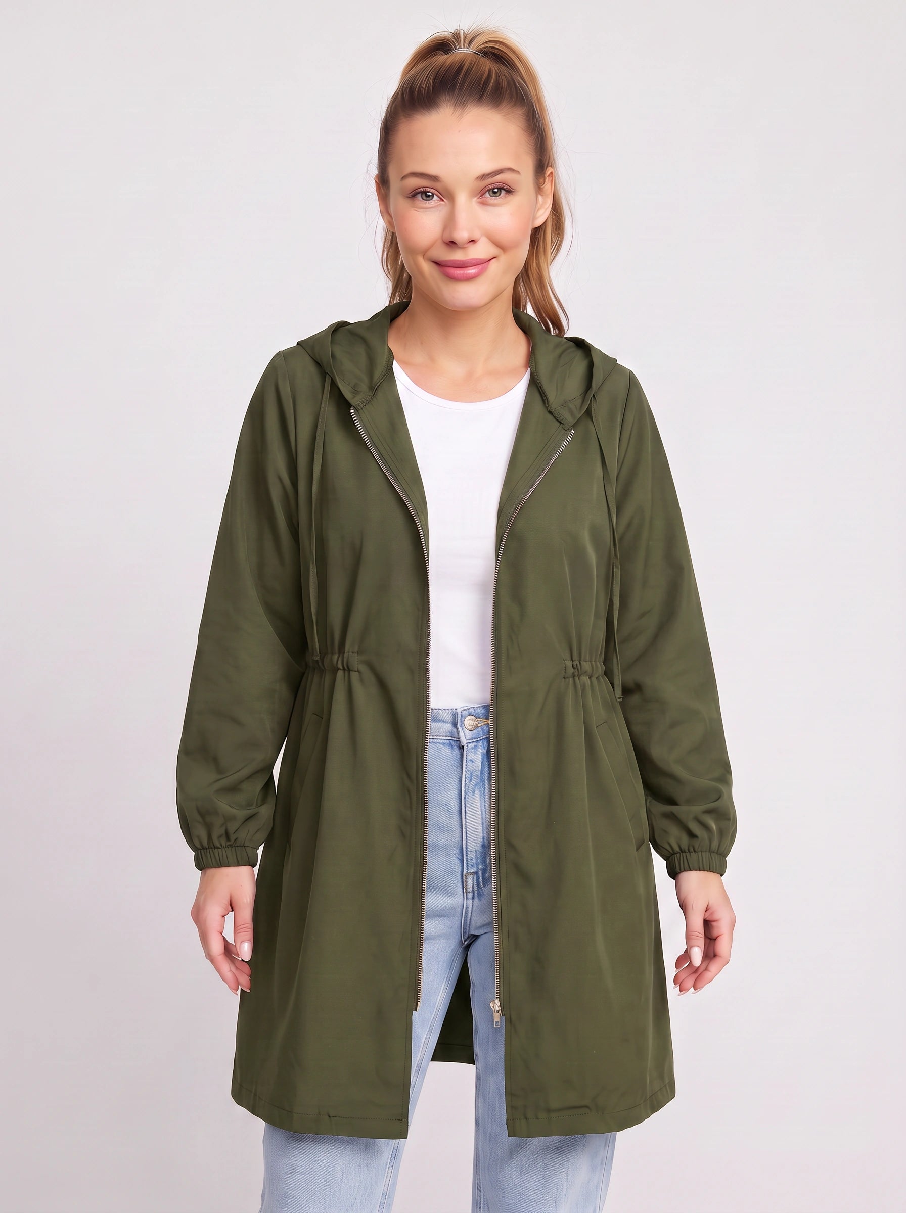 Drawcord Hooded Longline Raincoat – Women Lightweight Rain Jacket Hood Windbreaker Summer Coat