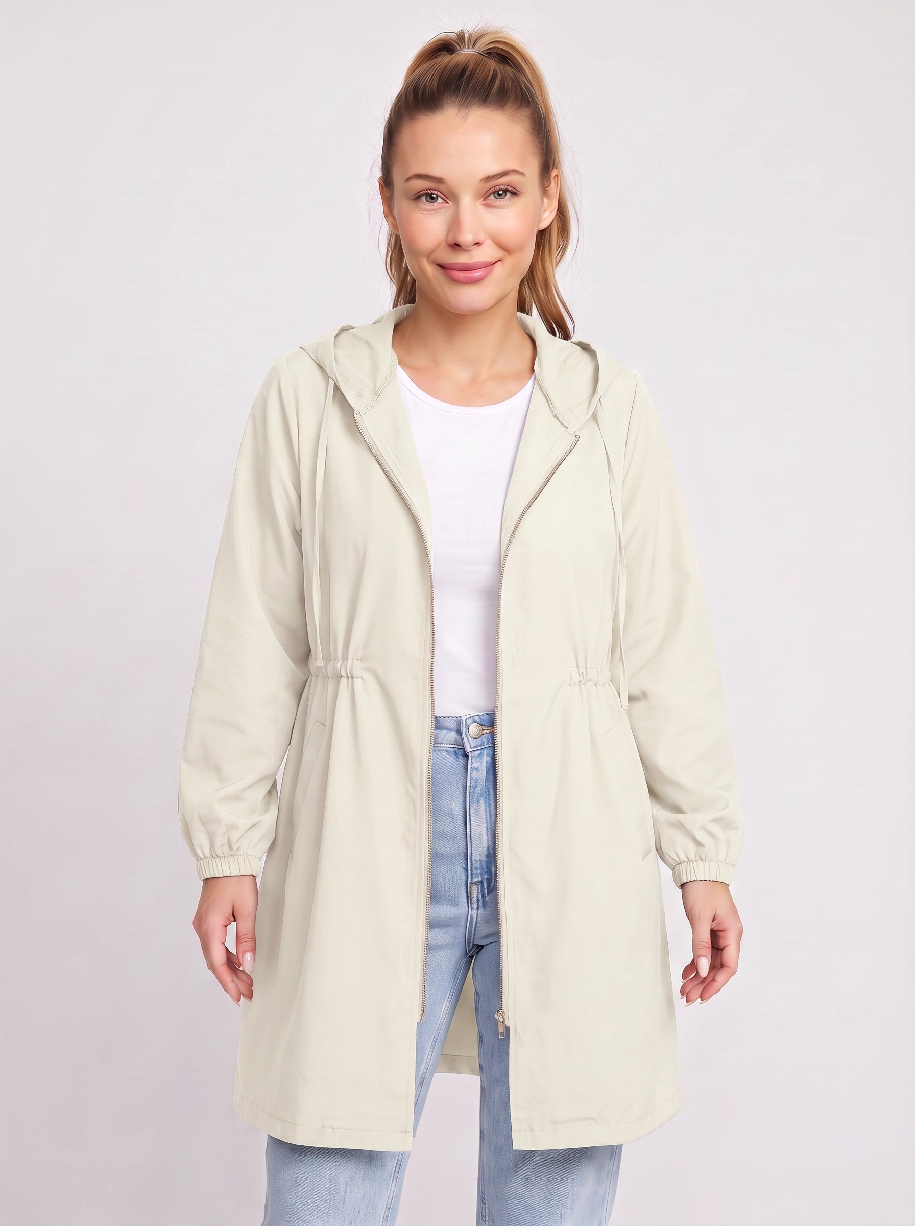 Drawcord Hooded Longline Raincoat – Women Lightweight Rain Jacket Hood Windbreaker Summer Coat