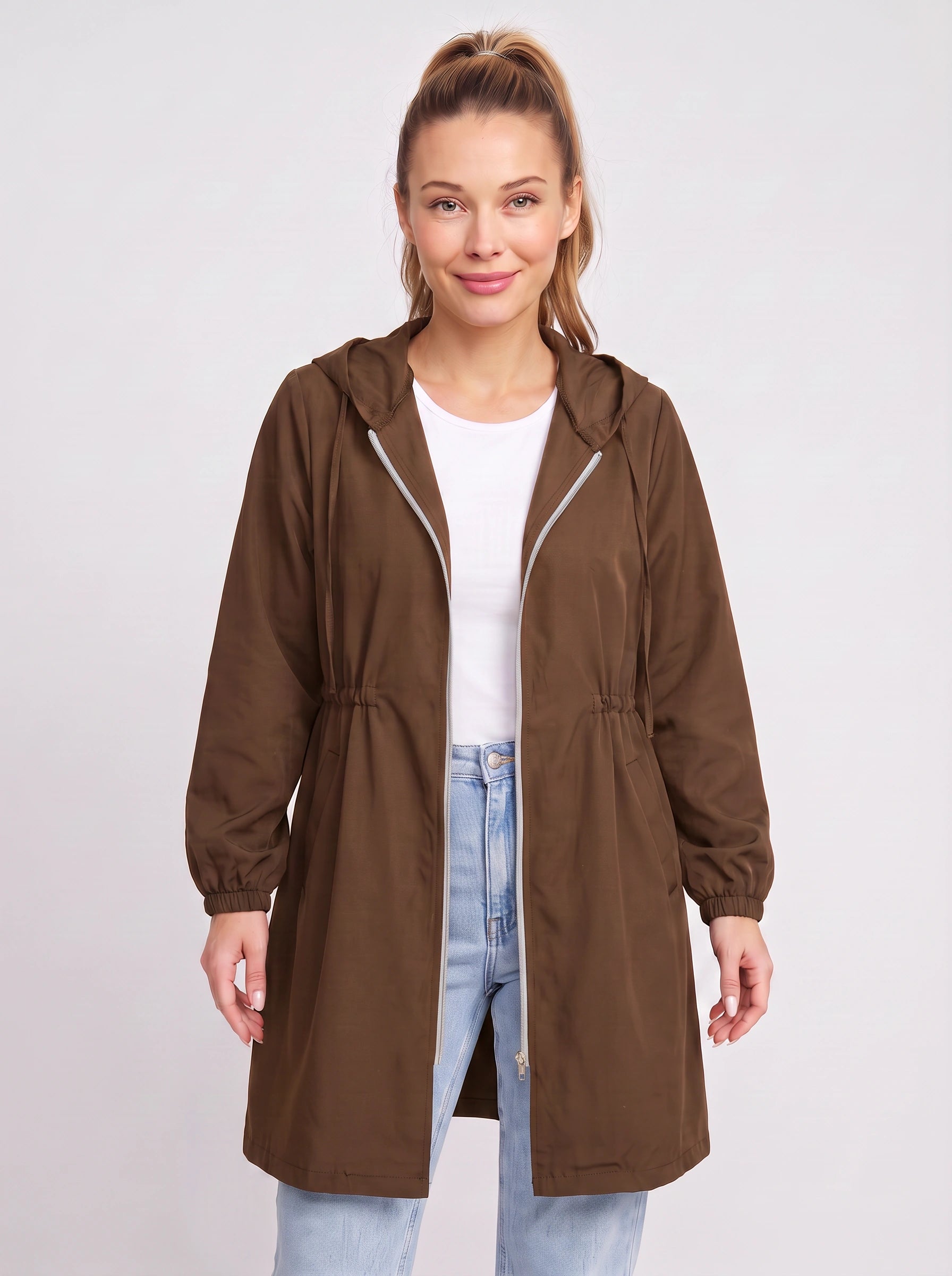 Drawcord Hooded Longline Raincoat – Women Lightweight Rain Jacket Hood Windbreaker Summer Coat