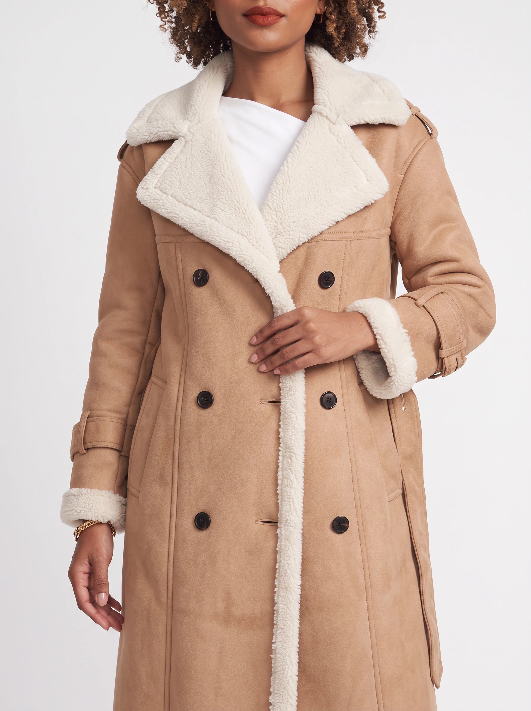Sherwin Shearling-Trim Double-Breasted Longline Trench Coat – Women Outerwear Casual Winter Coat