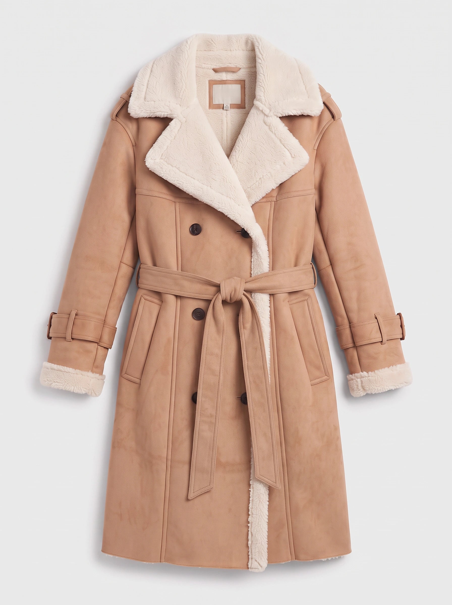 Sherwin Shearling-Trim Double-Breasted Longline Trench Coat – Women Outerwear Casual Winter Coat