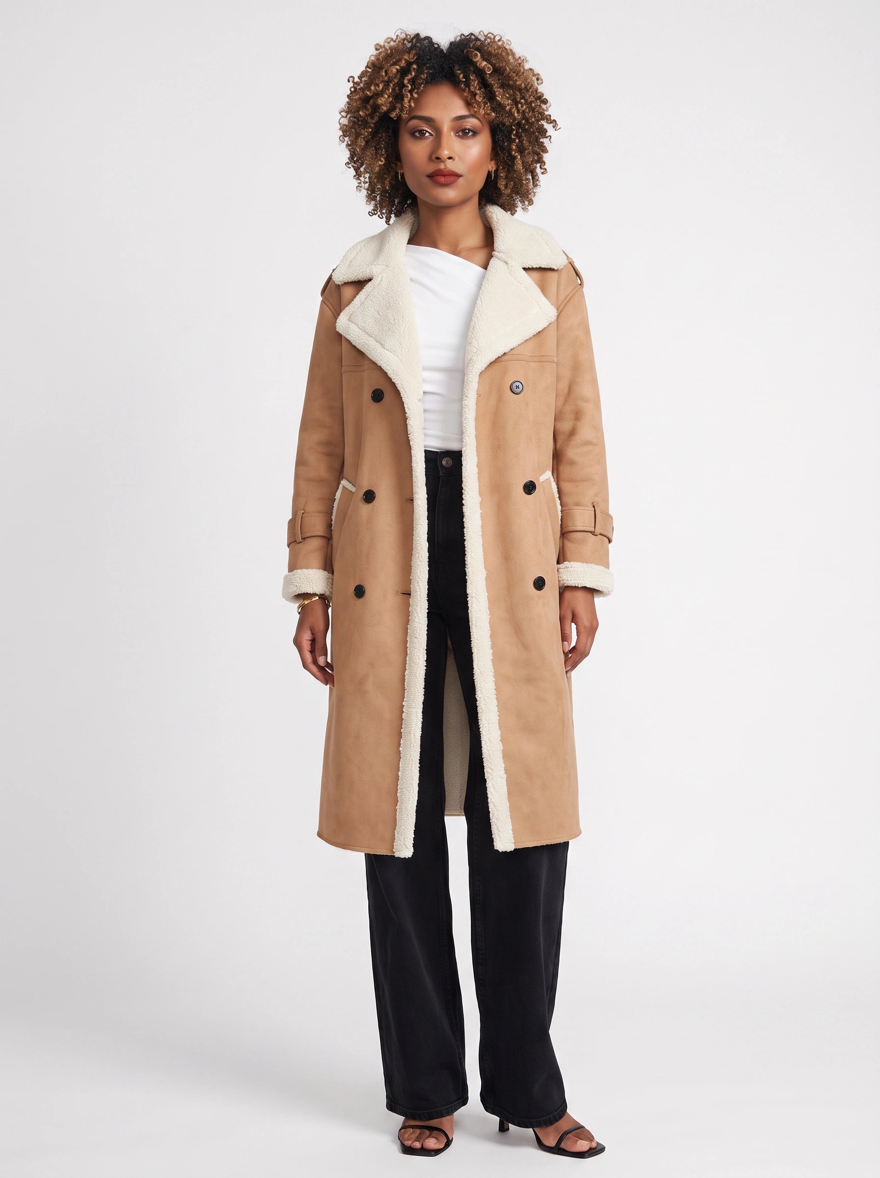 Sherwin Shearling-Trim Double-Breasted Longline Trench Coat – Women Outerwear Casual Winter Coat