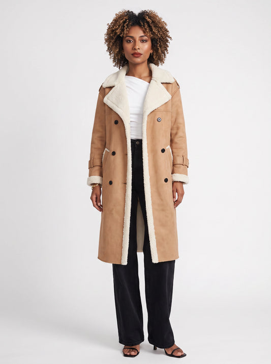 Sherwin Shearling-Trim Double-Breasted Longline Trench Coat – Women Outerwear Casual Winter Coat