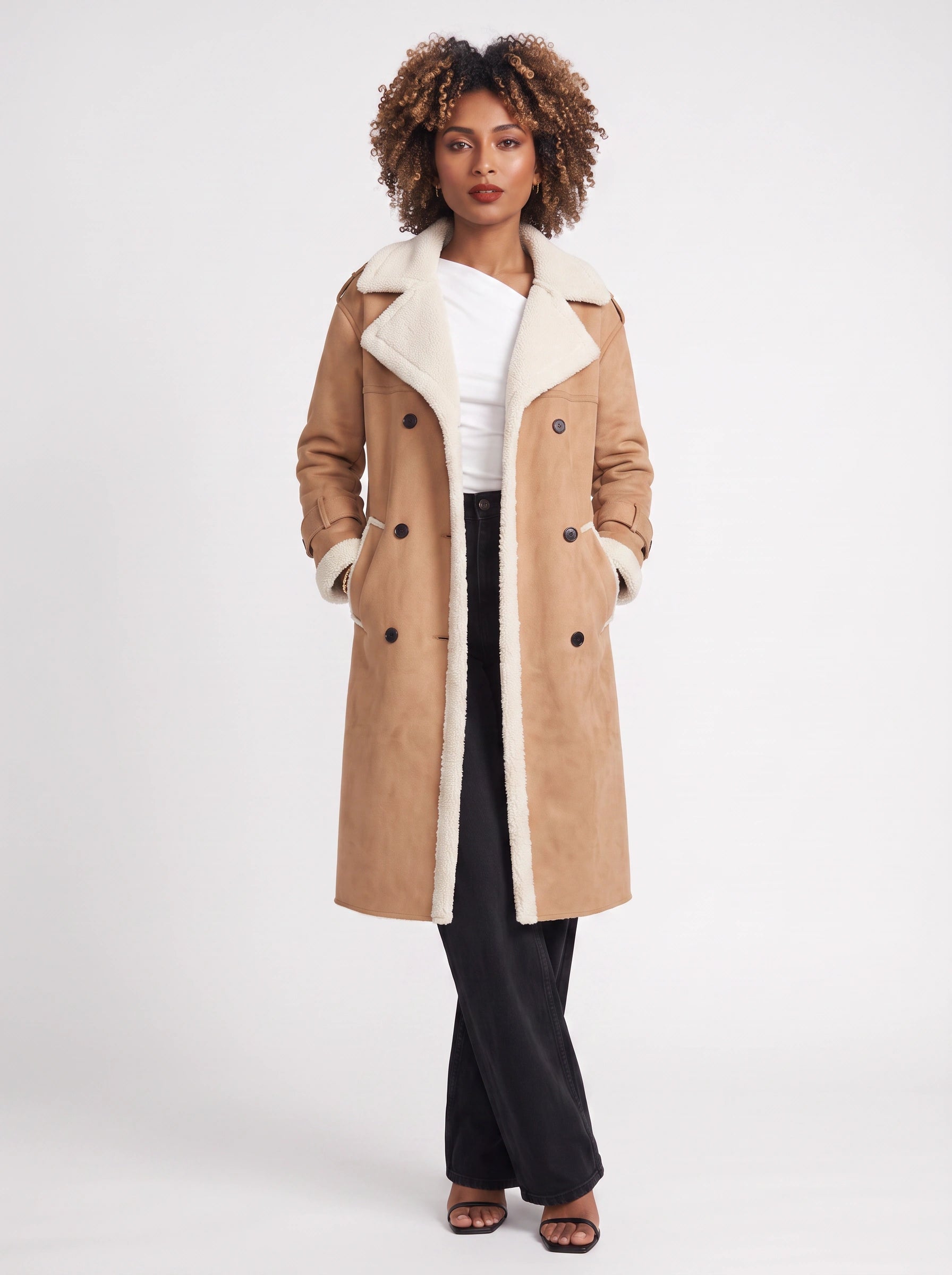 Sherwin Shearling-Trim Double-Breasted Longline Trench Coat – Women Outerwear Casual Winter Coat