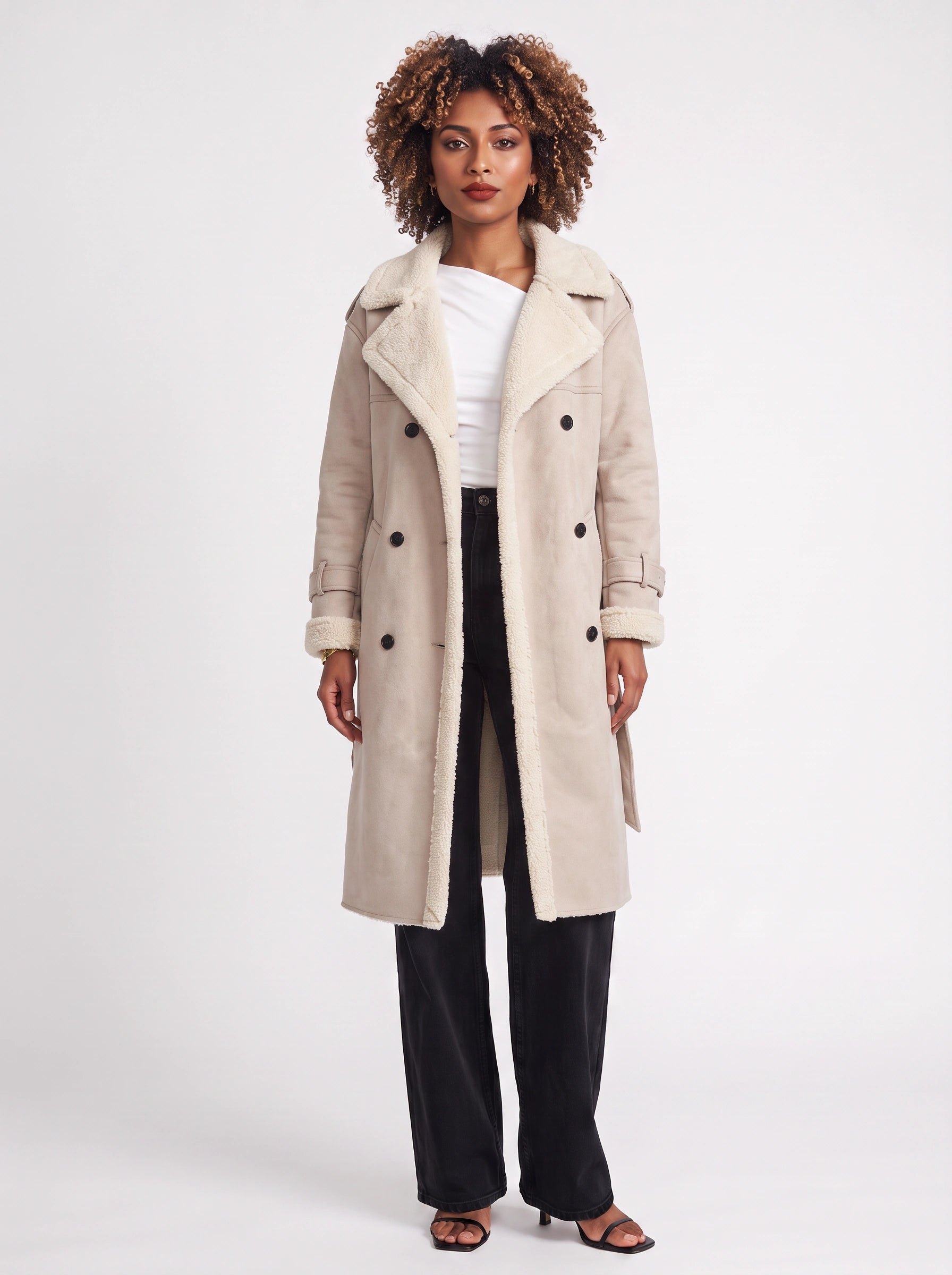 Sherwin Shearling-Trim Double-Breasted Longline Trench Coat – Women Outerwear Casual Winter Coat