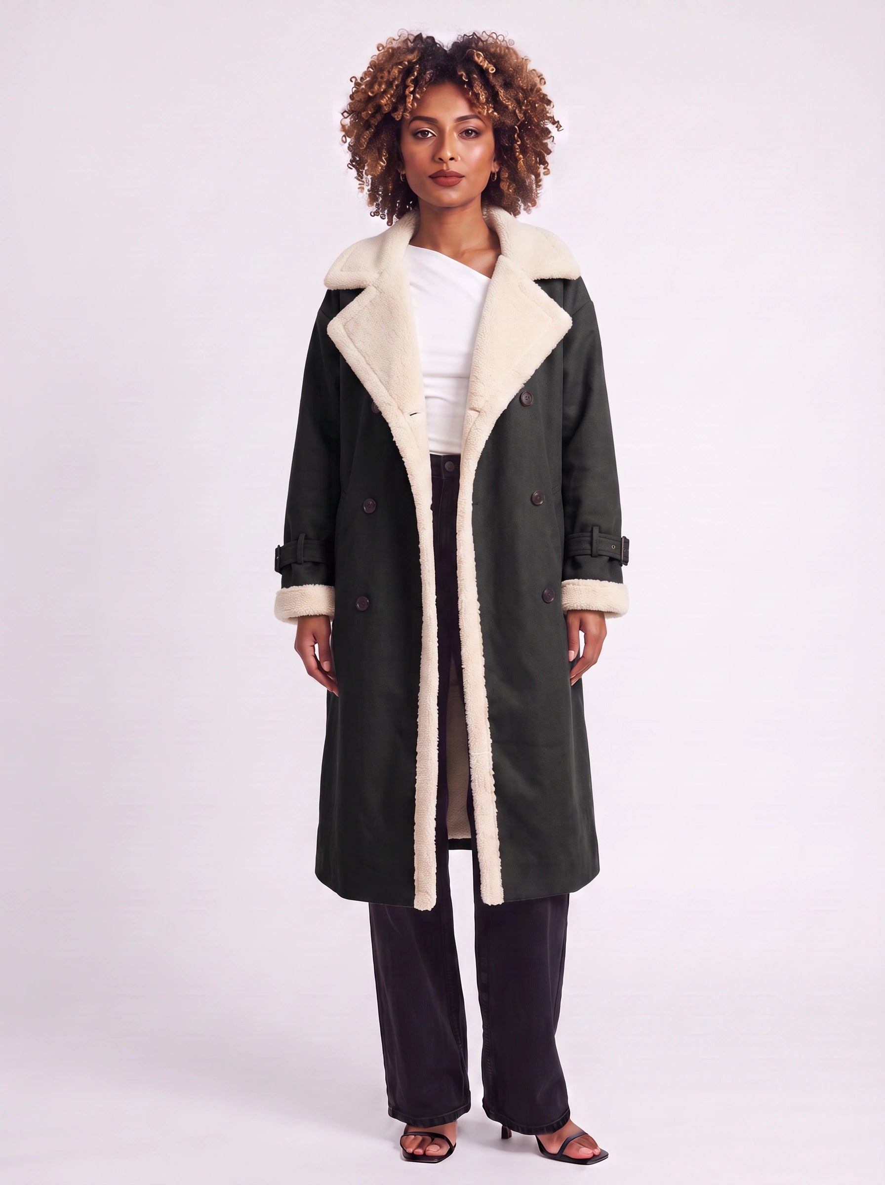 Sherwin Shearling-Trim Double-Breasted Longline Trench Coat – Women Outerwear Casual Winter Coat