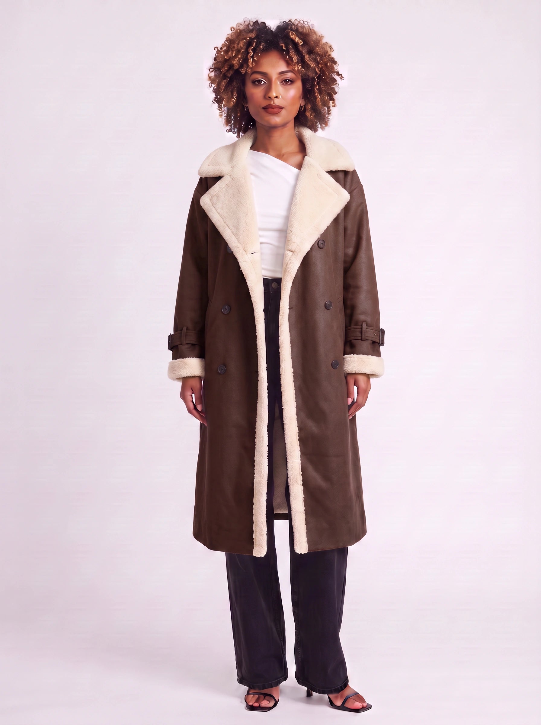Sherwin Shearling-Trim Double-Breasted Longline Trench Coat – Women Outerwear Casual Winter Coat