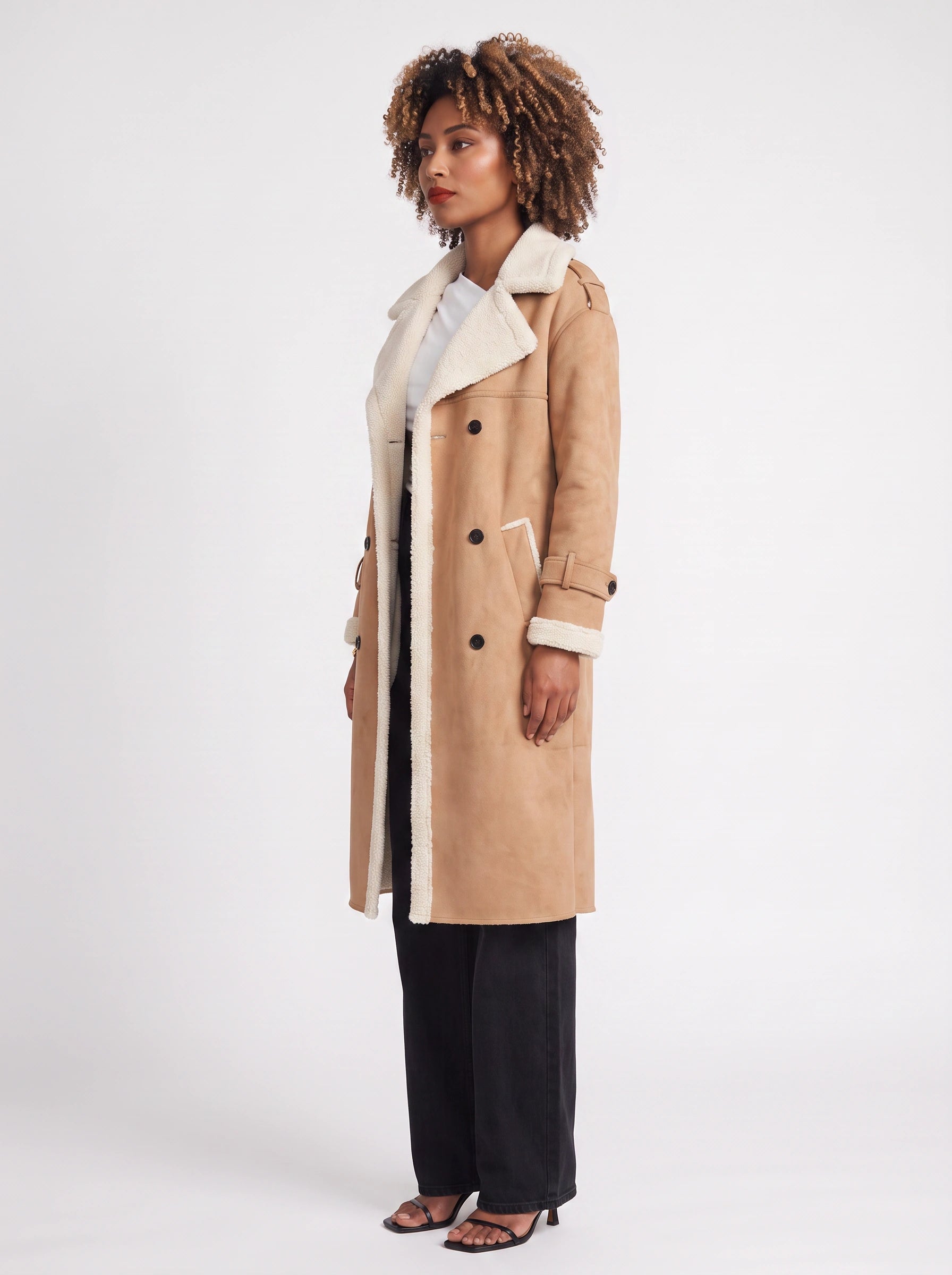 Sherwin Shearling-Trim Double-Breasted Longline Trench Coat – Women Outerwear Casual Winter Coat