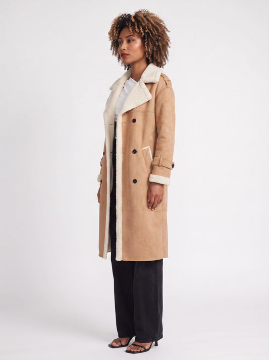 Sherwin Shearling-Trim Double-Breasted Longline Trench Coat – Women Outerwear Casual Winter Coat