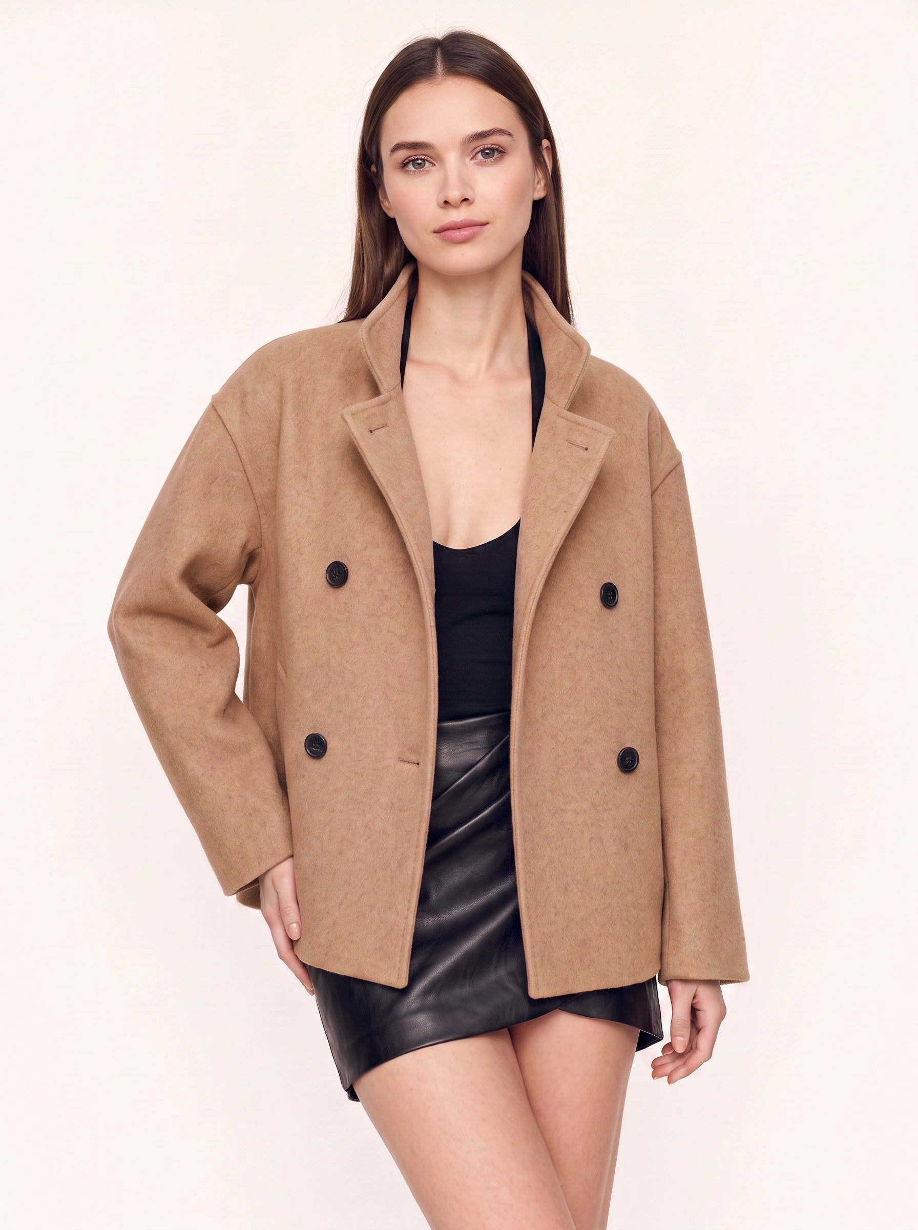 Hedvig Double-Breasted High-Neck Coat – Women Wool Blazer Jacket Oversized Cropped Tailored Office Workwear