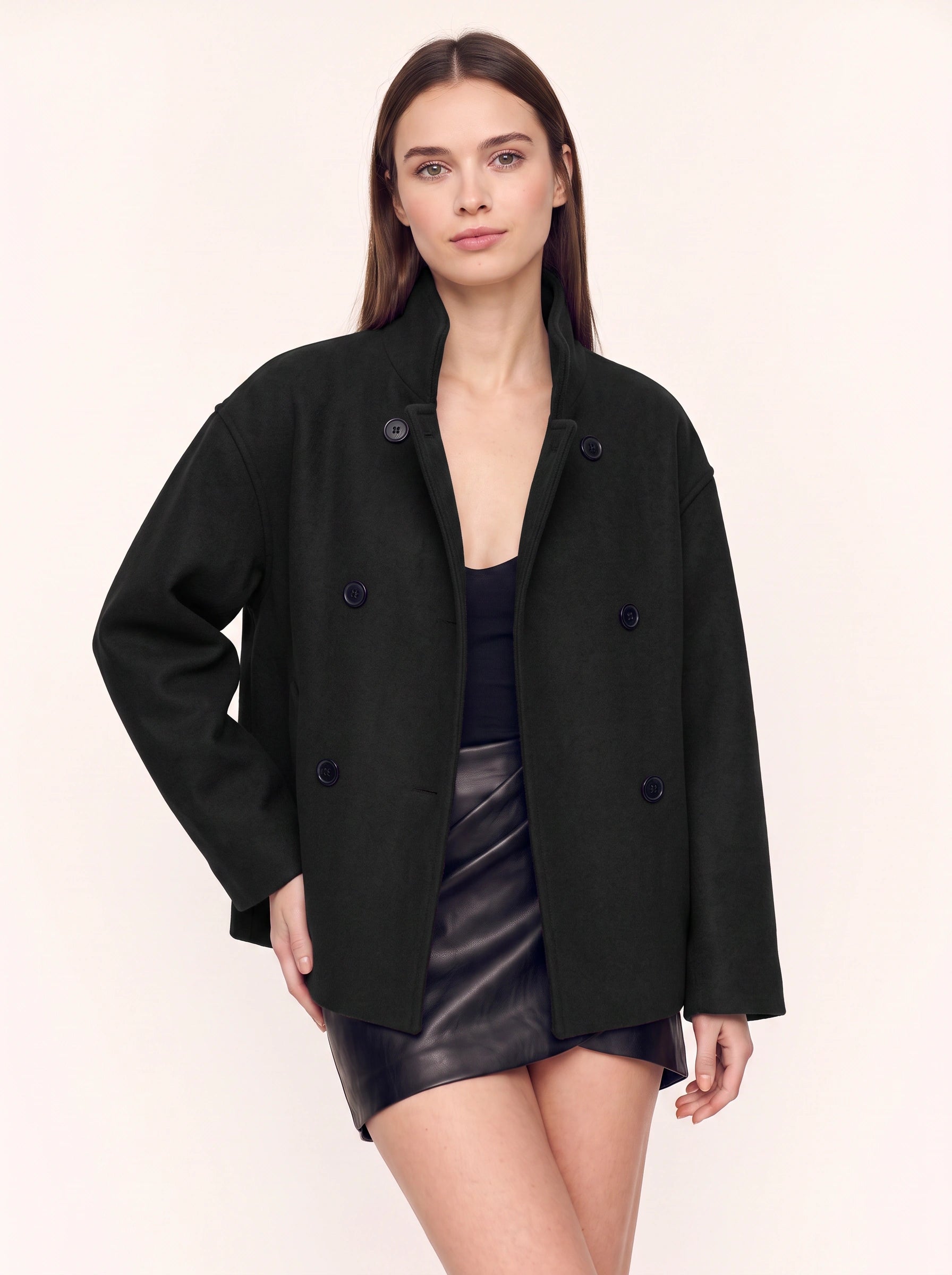 Hedvig Double-Breasted High-Neck Coat – Women Wool Blazer Jacket Oversized Cropped Tailored Office Workwear