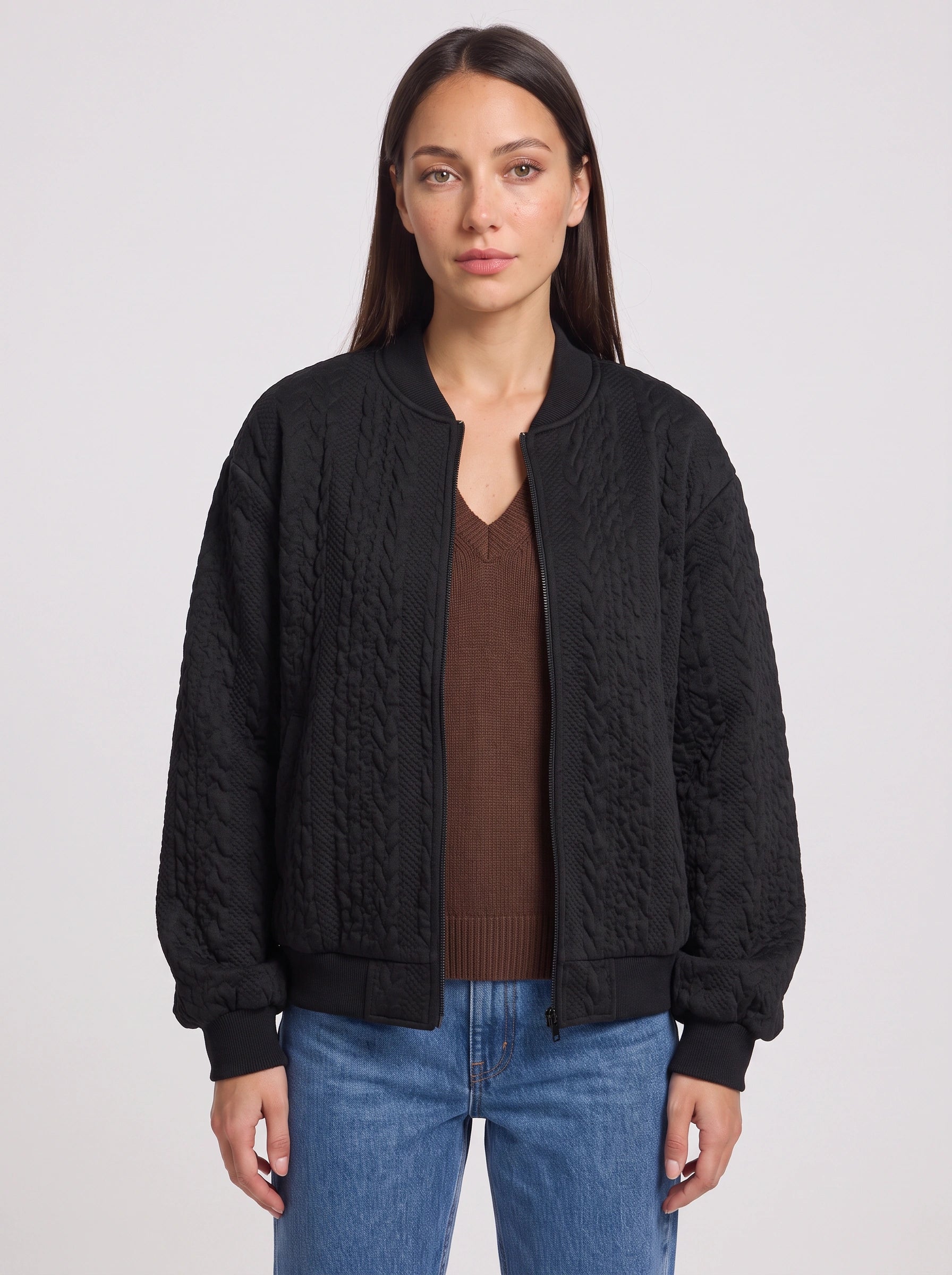 Serpina Textured Zip-Front Bomber Jacket – Women Oversized Casual Streetwear Quilted Winter Outerwear Jacket