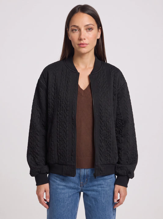 Serpina Textured Zip-Front Bomber Jacket – Women Oversized Casual Streetwear Quilted Winter Outerwear Jacket