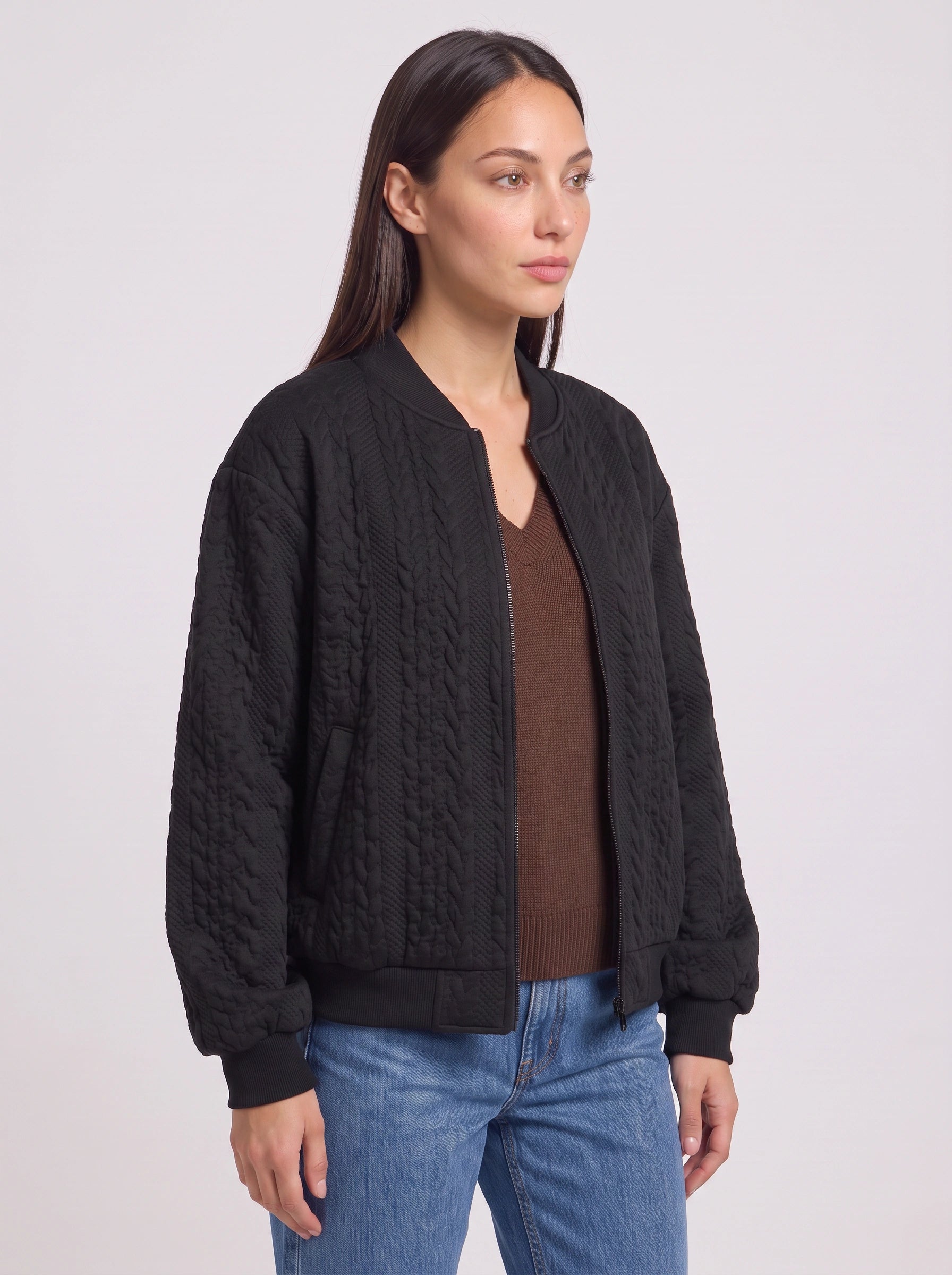 Serpina Textured Zip-Front Bomber Jacket – Women Oversized Casual Streetwear Quilted Winter Outerwear Jacket