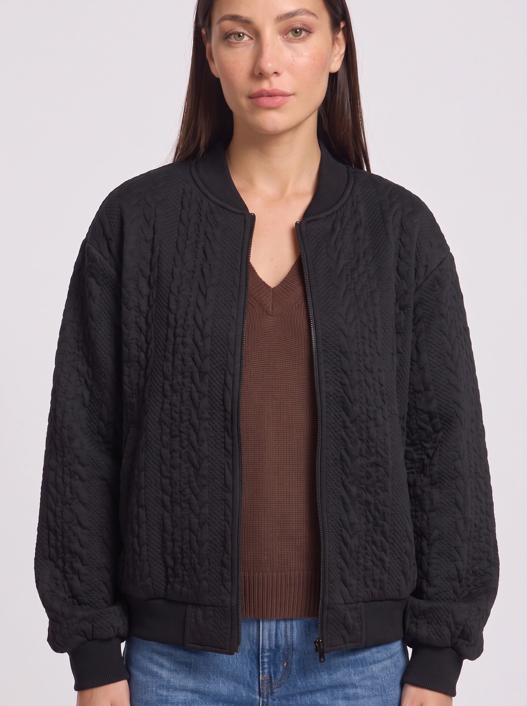 Serpina Textured Zip-Front Bomber Jacket – Women Oversized Casual Streetwear Quilted Winter Outerwear Jacket