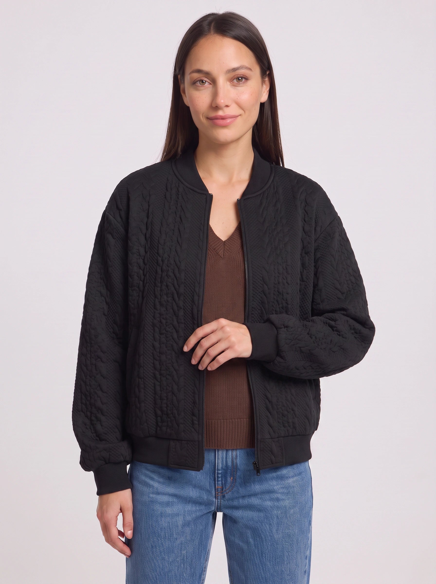 Serpina Textured Zip-Front Bomber Jacket – Women Oversized Casual Streetwear Quilted Winter Outerwear Jacket