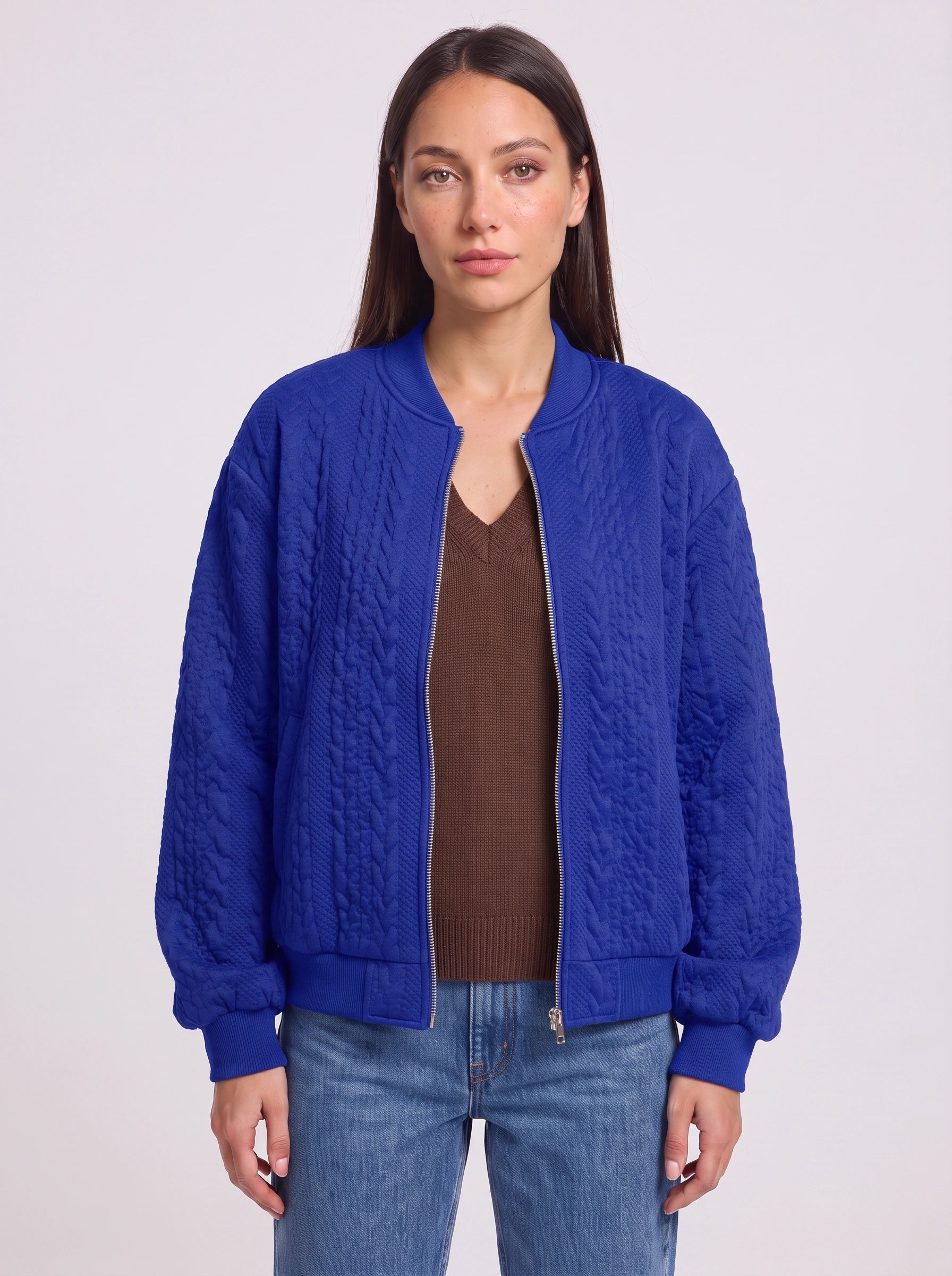 Serpina Textured Zip-Front Bomber Jacket – Women Oversized Casual Streetwear Quilted Winter Outerwear Jacket