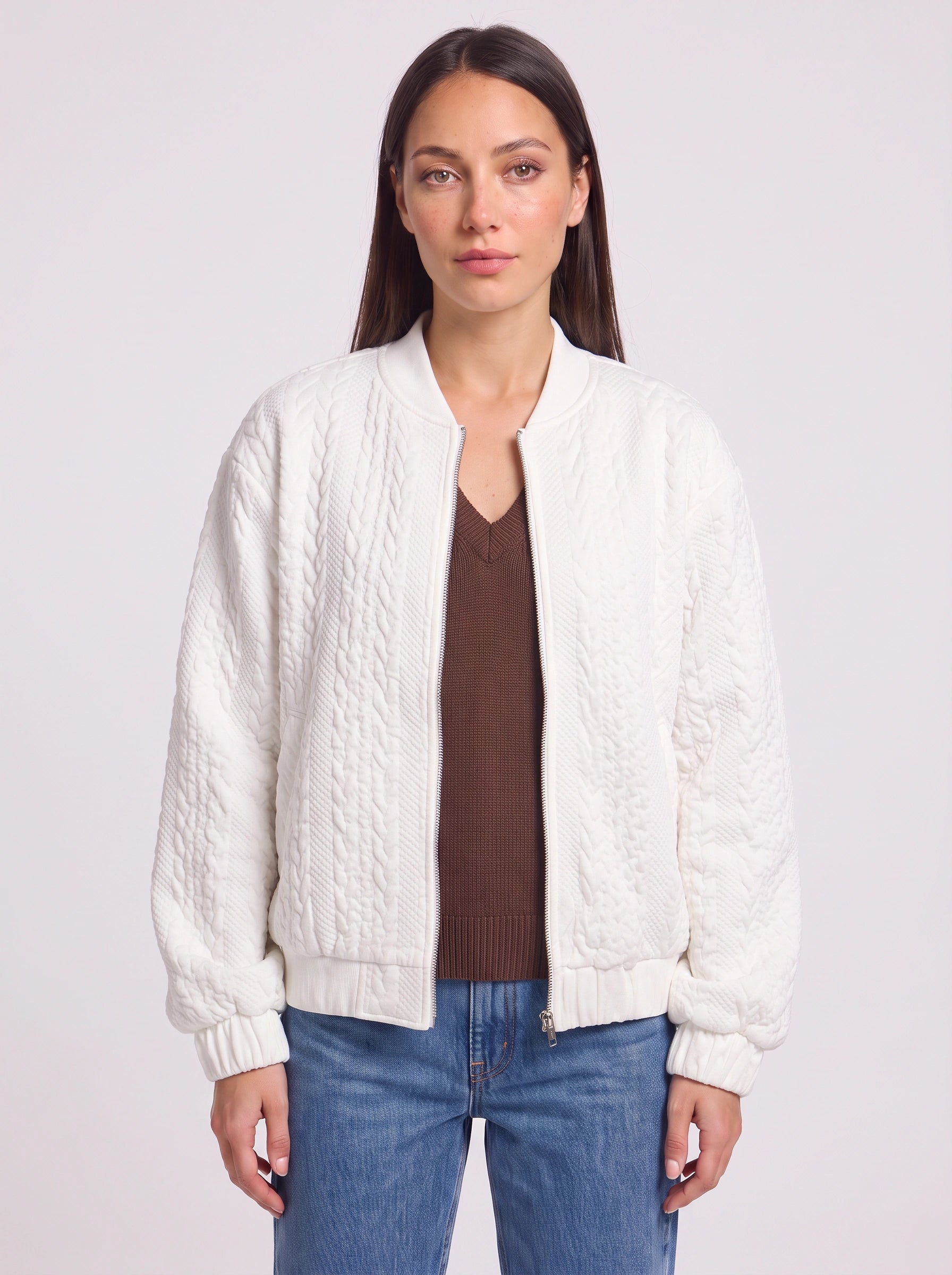 Serpina Textured Zip-Front Bomber Jacket – Women Oversized Casual Streetwear Quilted Winter Outerwear Jacket