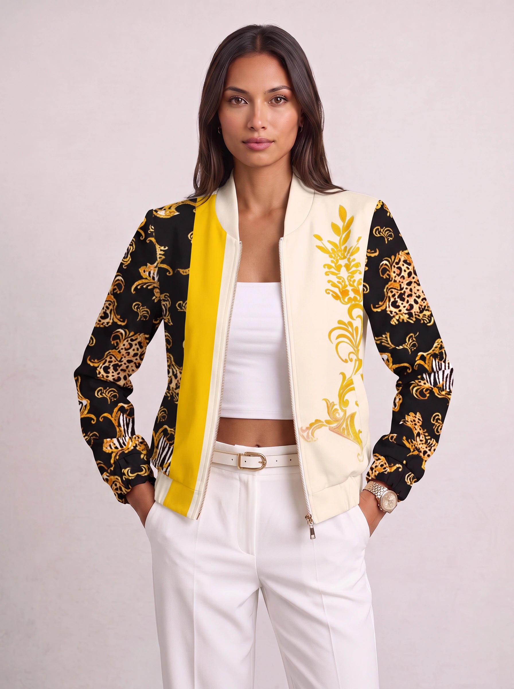 Meabh Baroque Print Zip Bomber Jacket – Women Statement Oversized Winter Streetwear Casual Evening Bomber Jacket