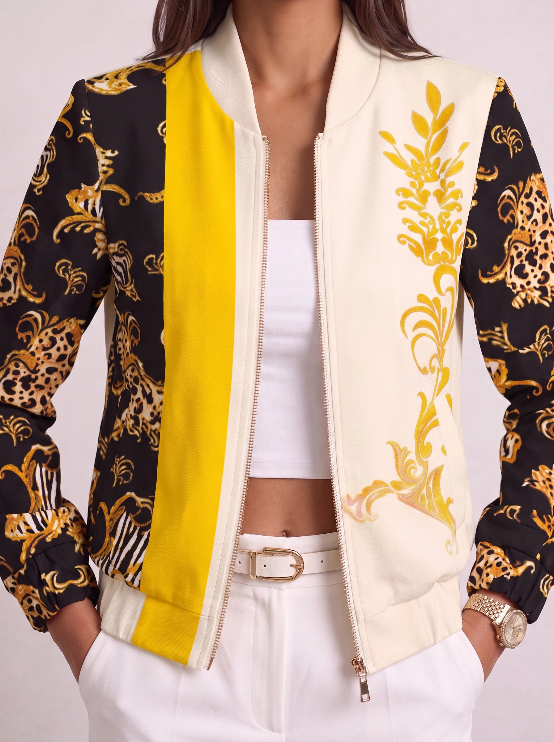 Meabh Baroque Print Zip Bomber Jacket – Women Statement Oversized Winter Streetwear Casual Evening Bomber Jacket