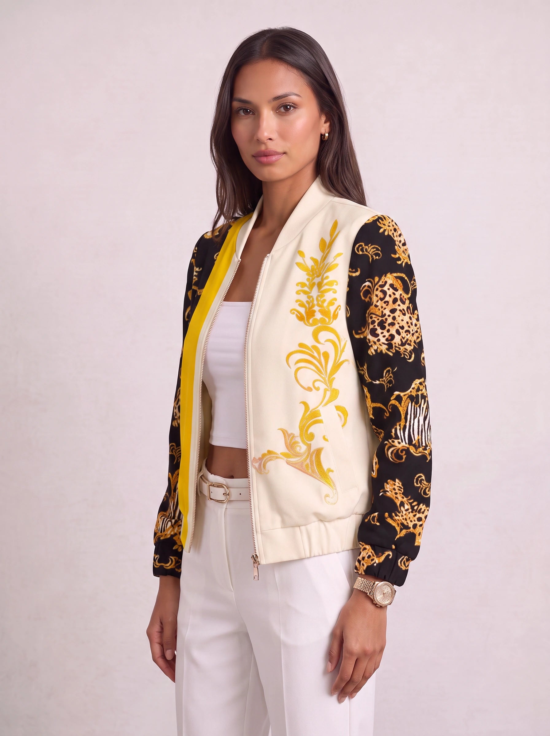 Meabh Baroque Print Zip Bomber Jacket – Women Statement Oversized Winter Streetwear Casual Evening Bomber Jacket