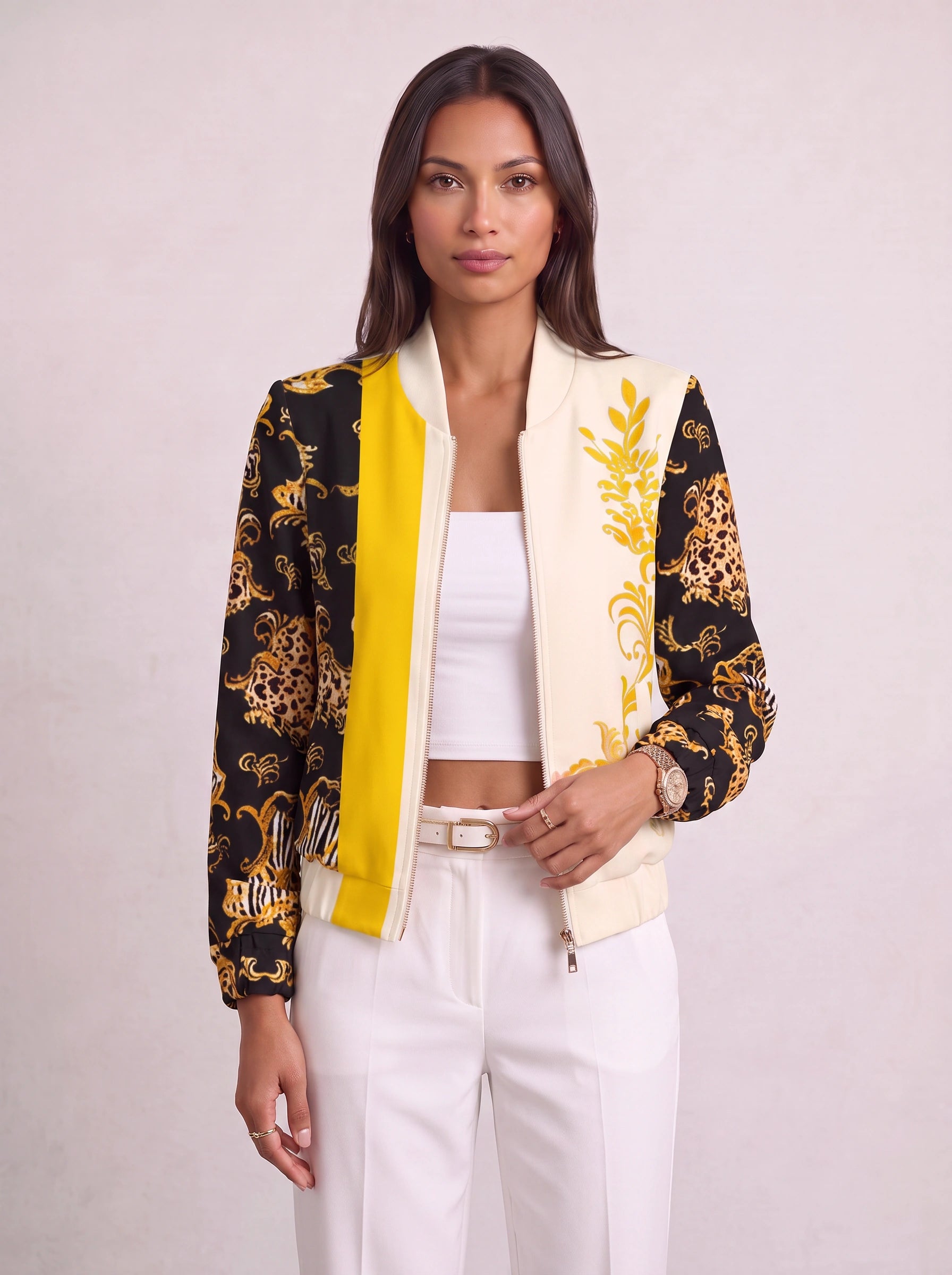 Meabh Baroque Print Zip Bomber Jacket – Women Statement Oversized Winter Streetwear Casual Evening Bomber Jacket