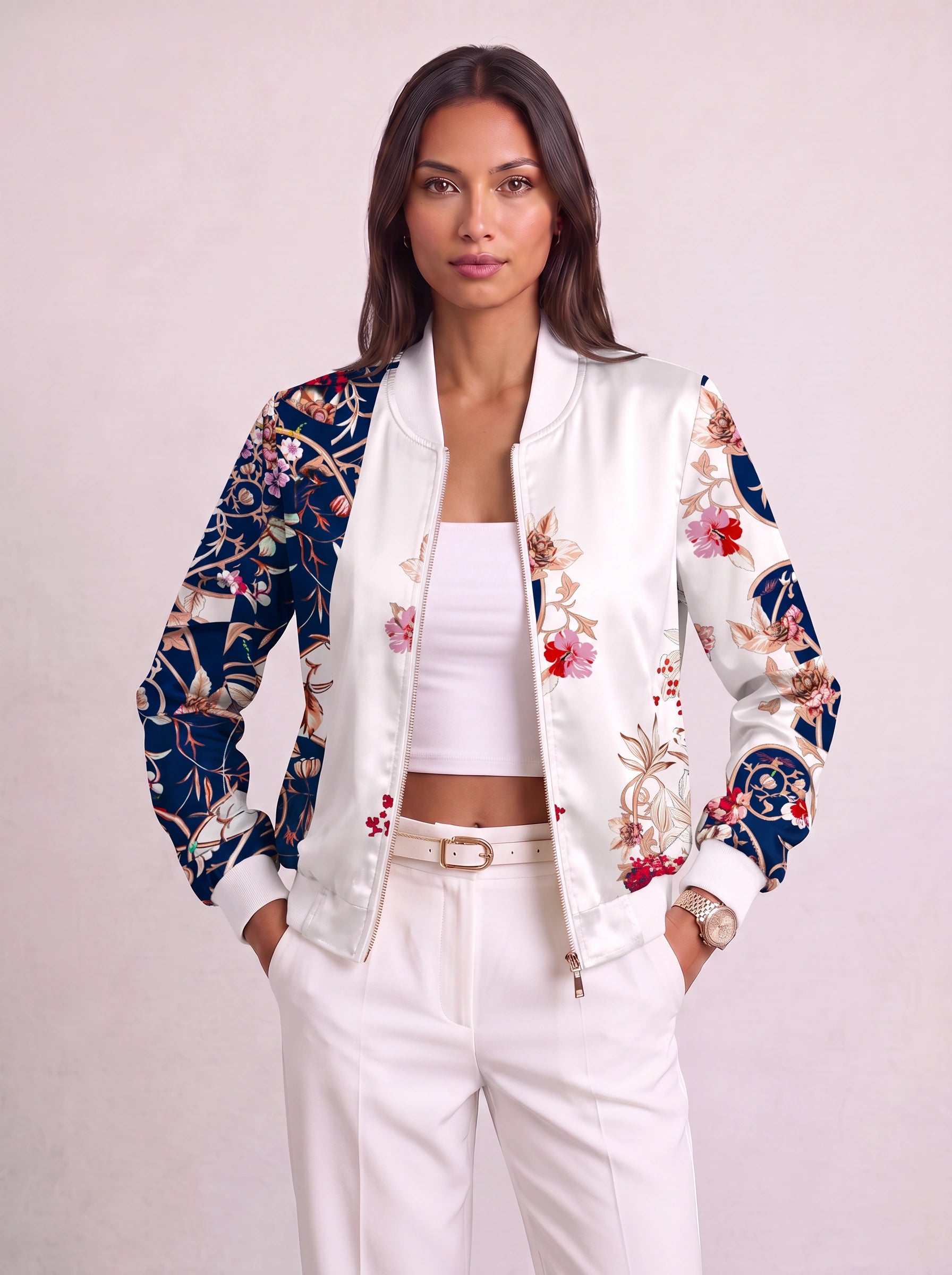 Meabh Baroque Print Zip Bomber Jacket – Women Statement Oversized Winter Streetwear Casual Evening Bomber Jacket