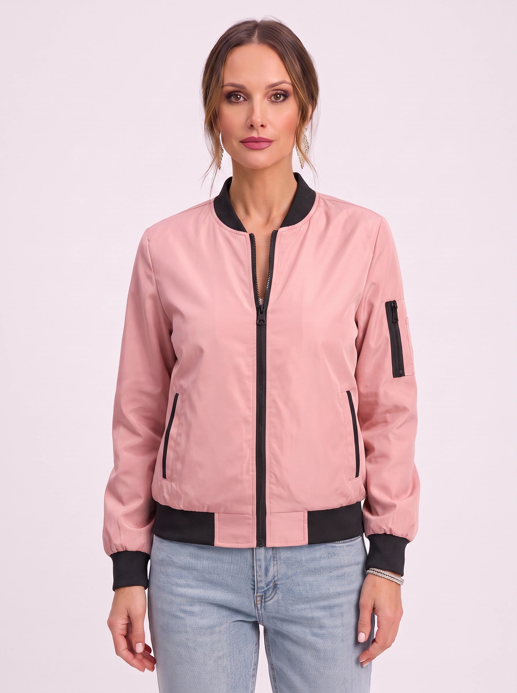 Rosaire Zip-Up Bomber Jacket – Women Casual Streetwear Lightweight Outerwear Athletic Sport Bomber Jacket