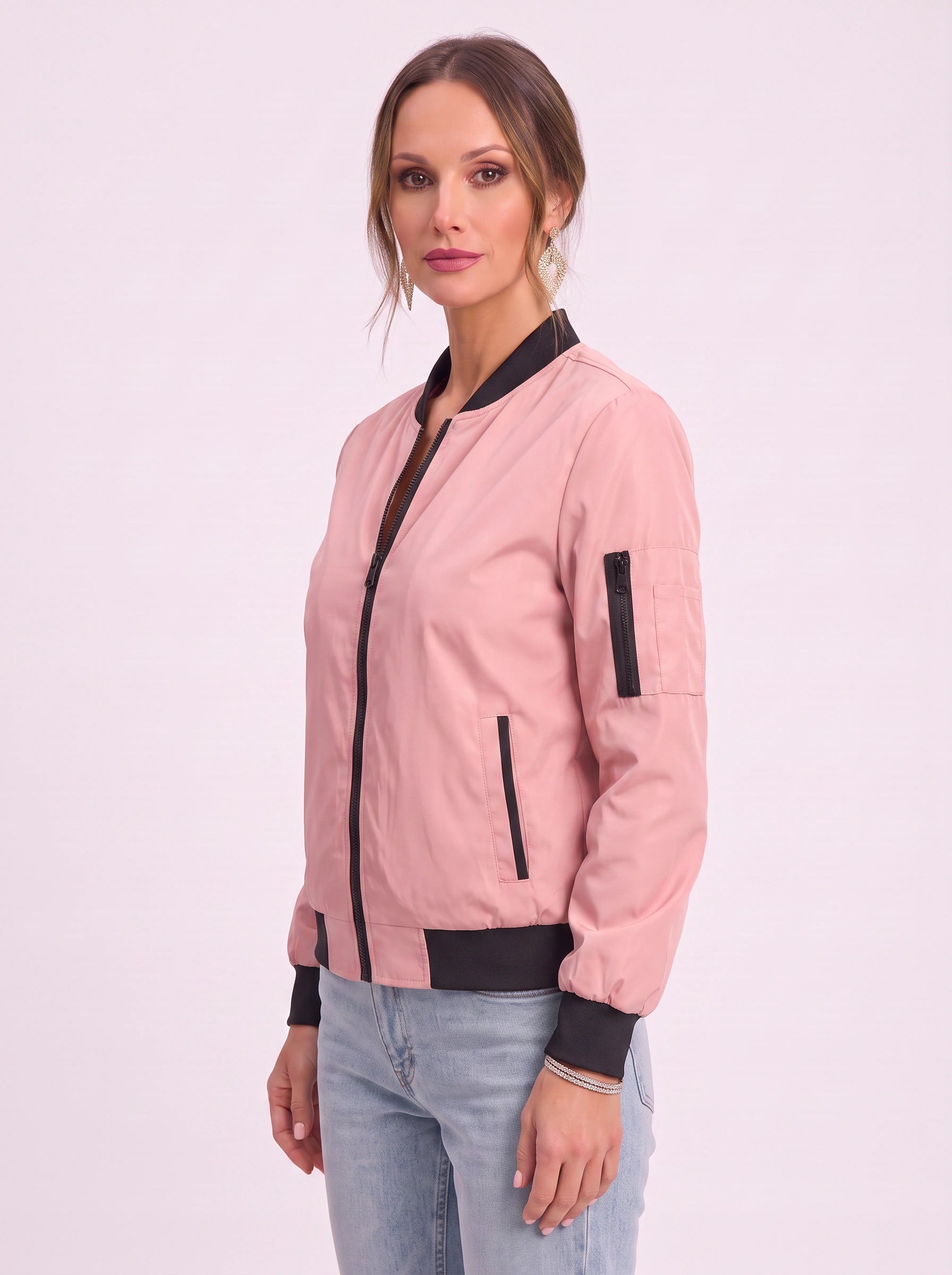 Rosaire Zip-Up Bomber Jacket – Women Casual Streetwear Lightweight Outerwear Athletic Sport Bomber Jacket