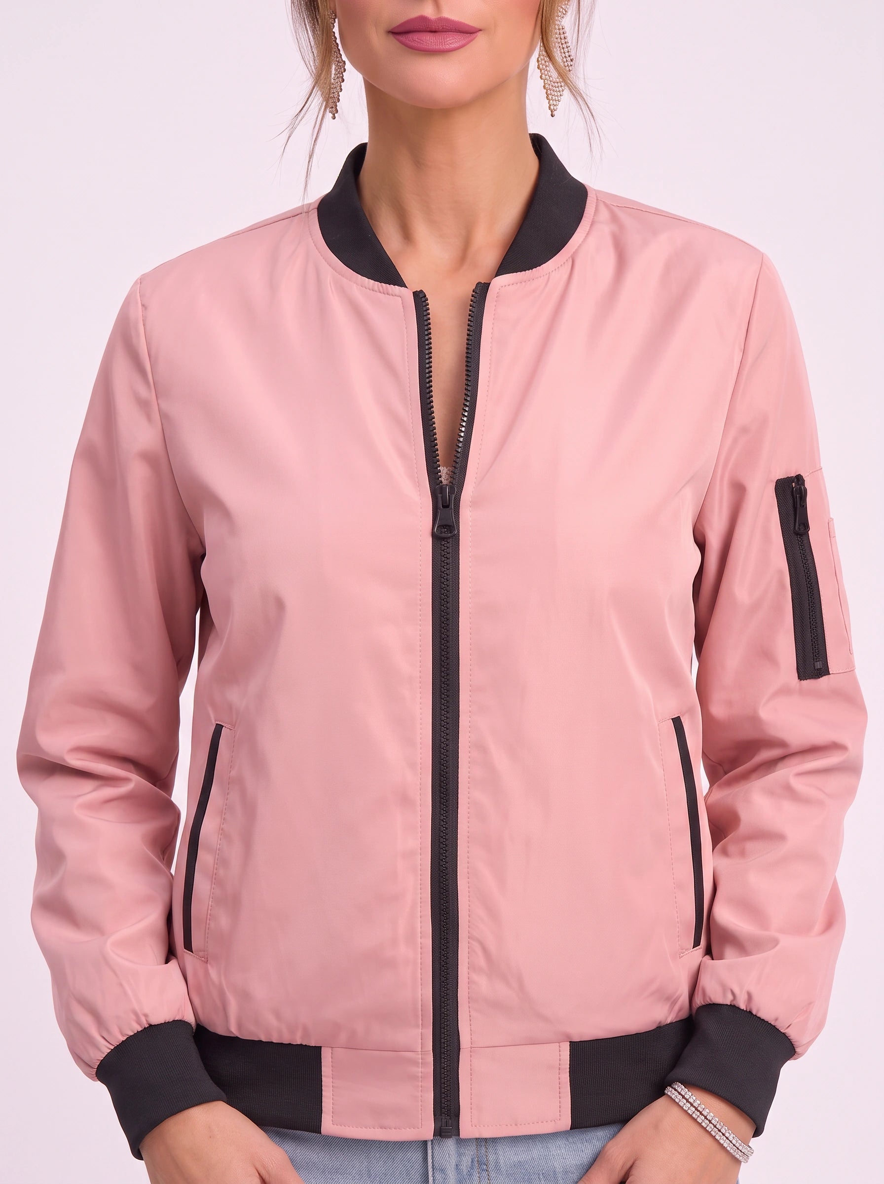 Rosaire Zip-Up Bomber Jacket – Women Casual Streetwear Lightweight Outerwear Athletic Sport Bomber Jacket